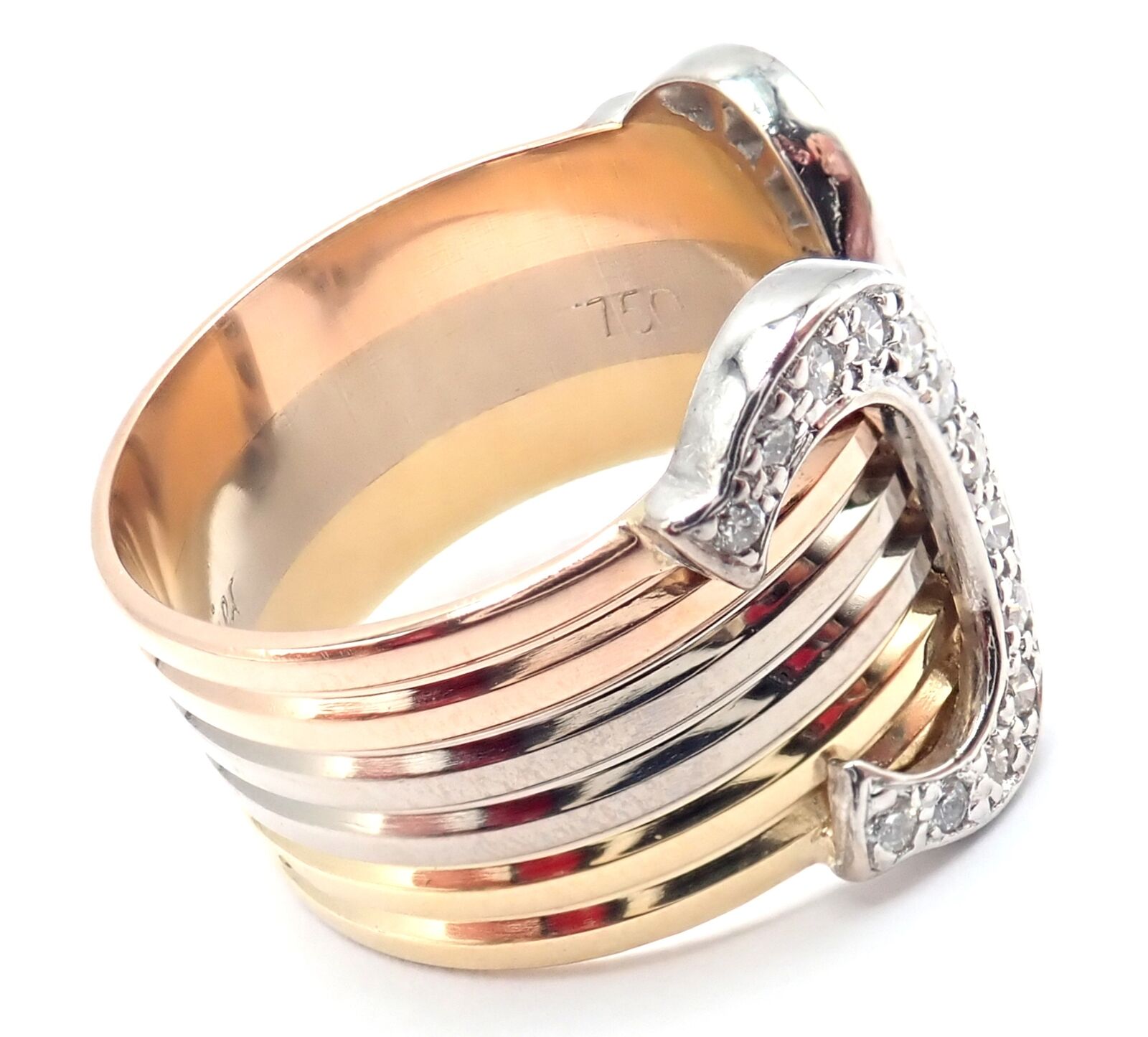 Authentic! Cartier Diamond Double C 18k Tri-Color Gold Band Ring Size 53 US 6.25 | Fortrove