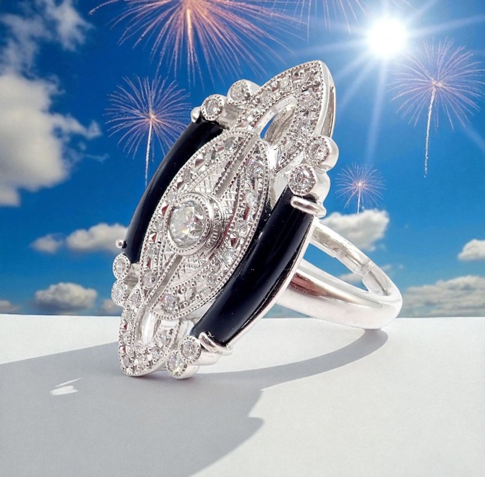 Vintage Estate Platinum Diamond 0.62ctw Onyx Ring sz 7.5 | Fortrove