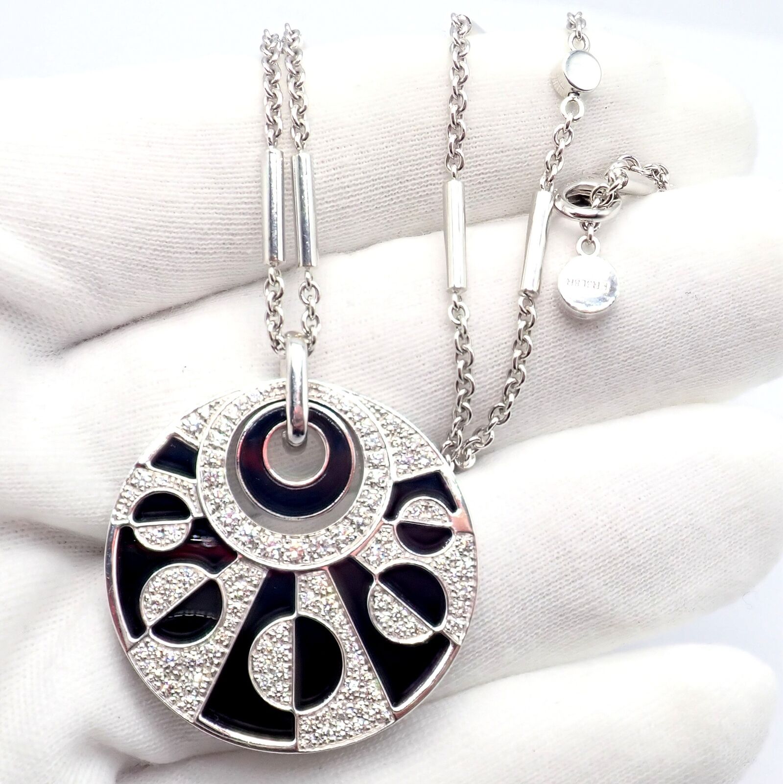 Authentic Bvlgari Bulgari Intarsio 18k White Gold 5ctw Diamond Onyx 18" Necklace | Fortrove
