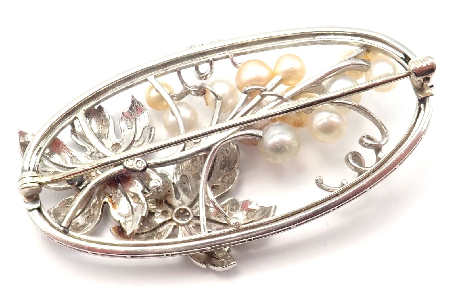 Vintage! Authentic Mikimoto 14k White Gold Diamond Pearl Brooch Pin | Fortrove