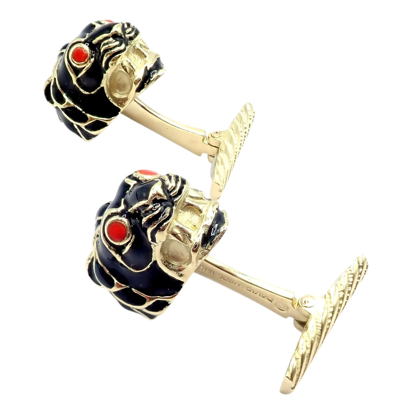 Vintage! David Webb 18k Yellow Gold Black Enamel Lion Cufflinks | Fortrove