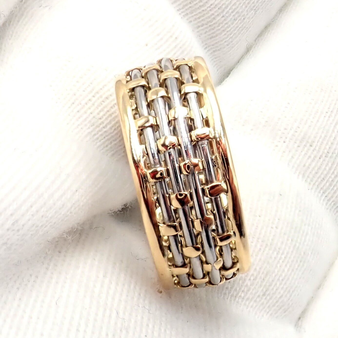 Authentic! Cartier 18k Yellow Gold + SS Basket Weave Ring + Earrings Set | Fortrove