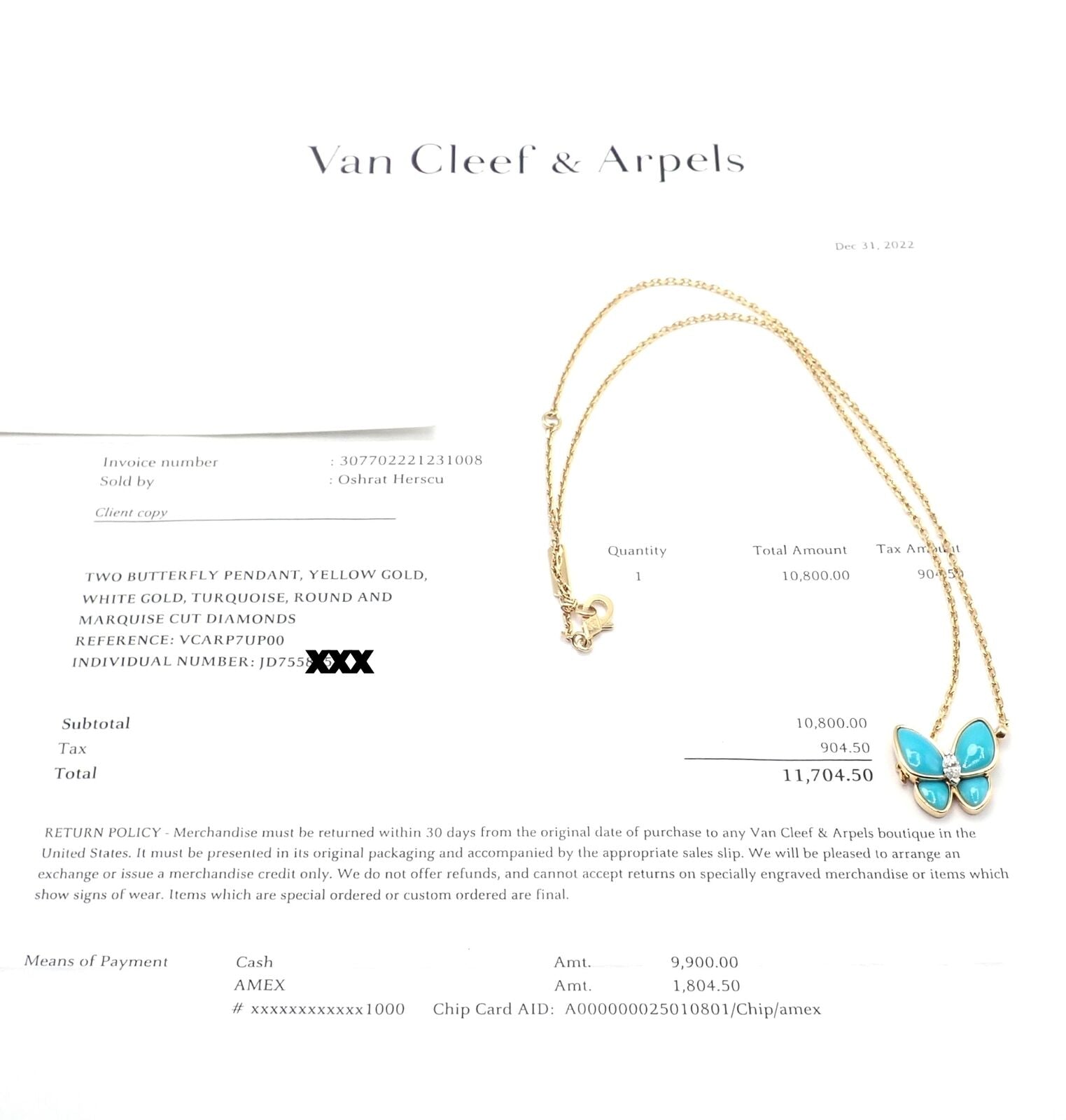 Van Cleef & Arpels 18k Gold Diamond Turquoise Butterfly Pendant Necklace Cert. | Fortrove