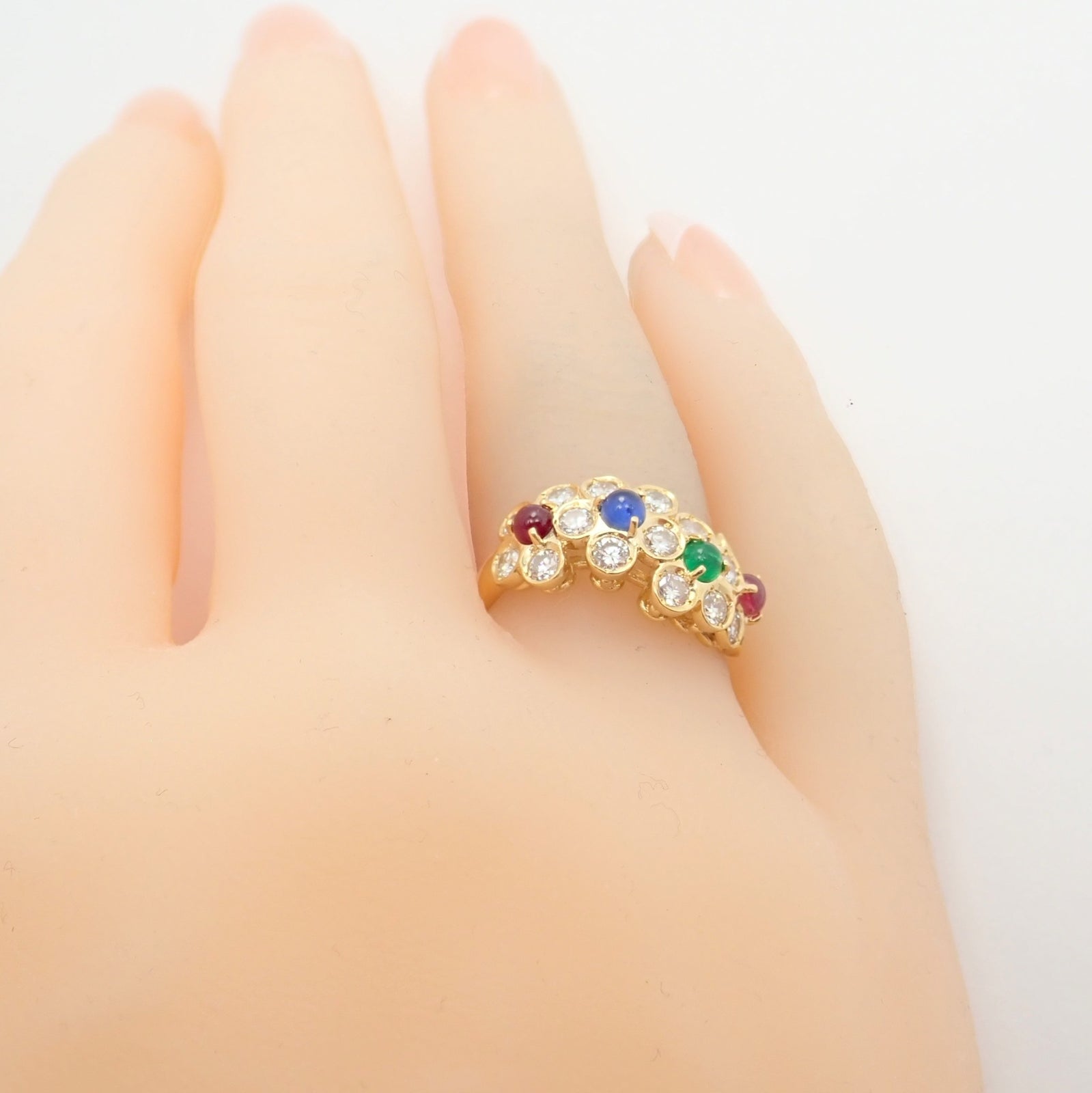 Rare! Authentic Christian Dior 18k Yellow Gold Ruby Emerald Diamond Flower Ring | Fortrove