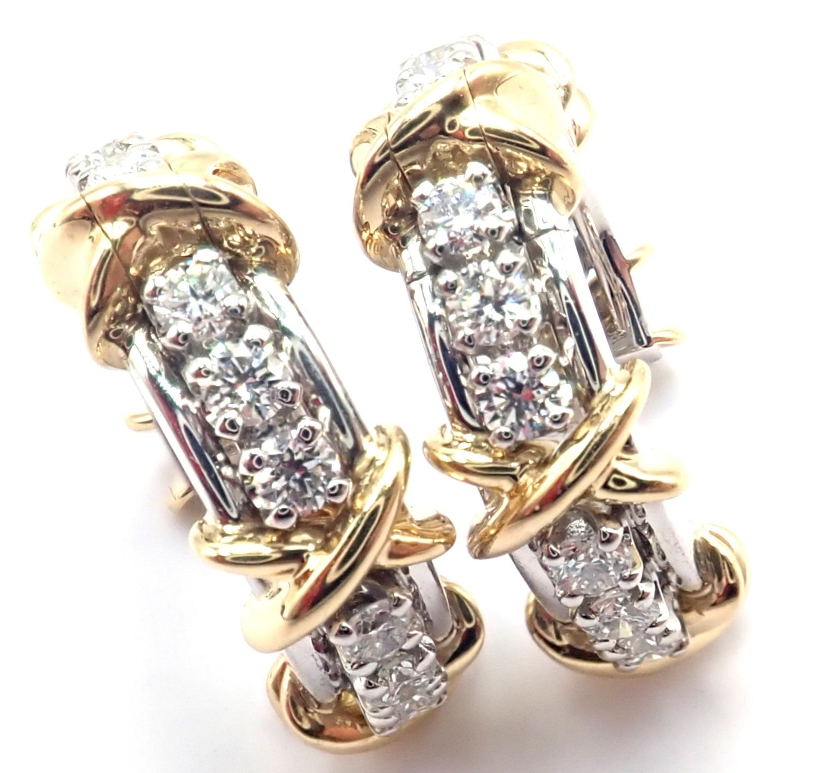 Tiffany & Co Schlumberger Sixteen Stone Plat Gold Diamond Narrow Hoop Earrings | Fortrove