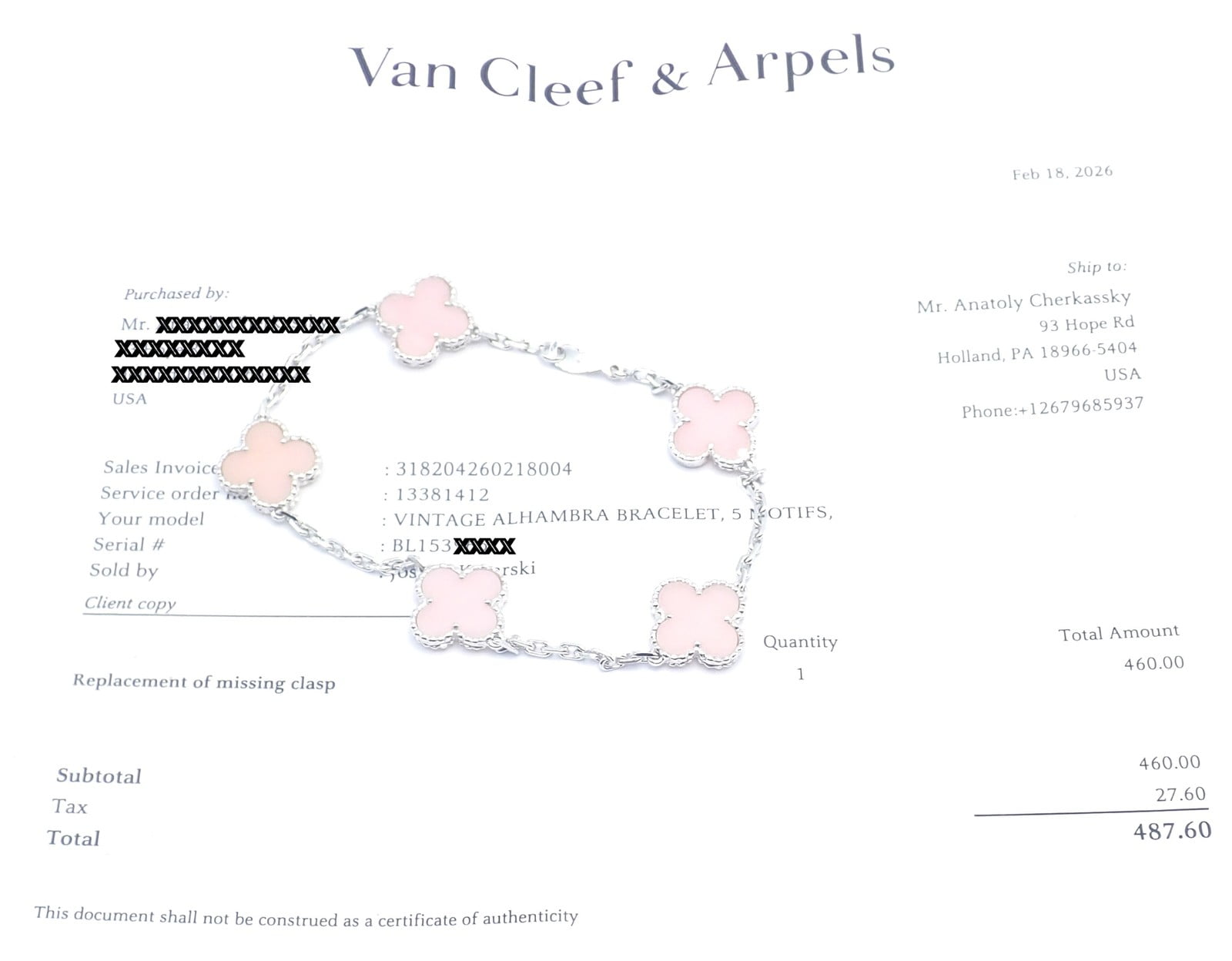 Van Cleef & Arpels Jewelry & Watches:Fine Jewelry:Bracelets & Charms Authentic! Van Cleef & Arpels Alhambra 18k White Gold Pink Opal Bracelet Cer.