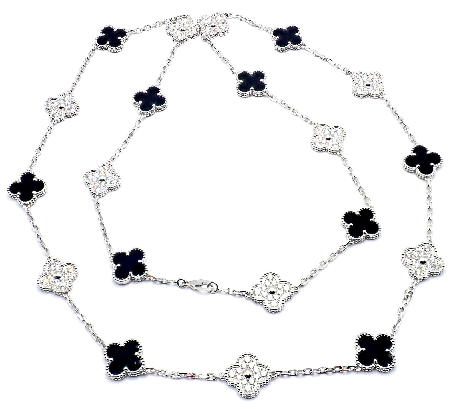 Van Cleef & Arpels 18k Gold 20 Motif Vintage Alhambra Diamond Onyx Necklace Cert | Fortrove