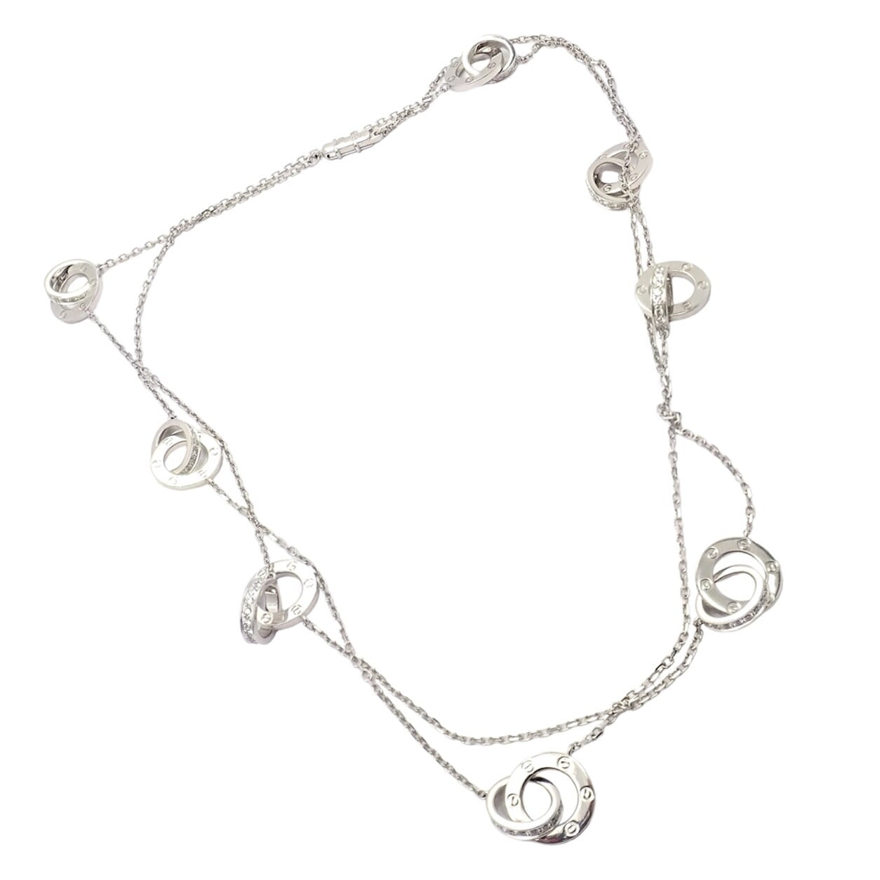Rare! Authentic Cartier 18k White Gold Diamond Love 8 Station 36" Long Necklace | Fortrove