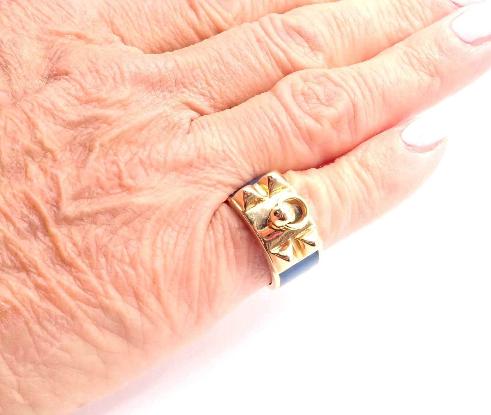 Authentic! Hermes Collier de Chien 18K Yellow Gold Blue Enamel Band Ring Size 6 | Fortrove
