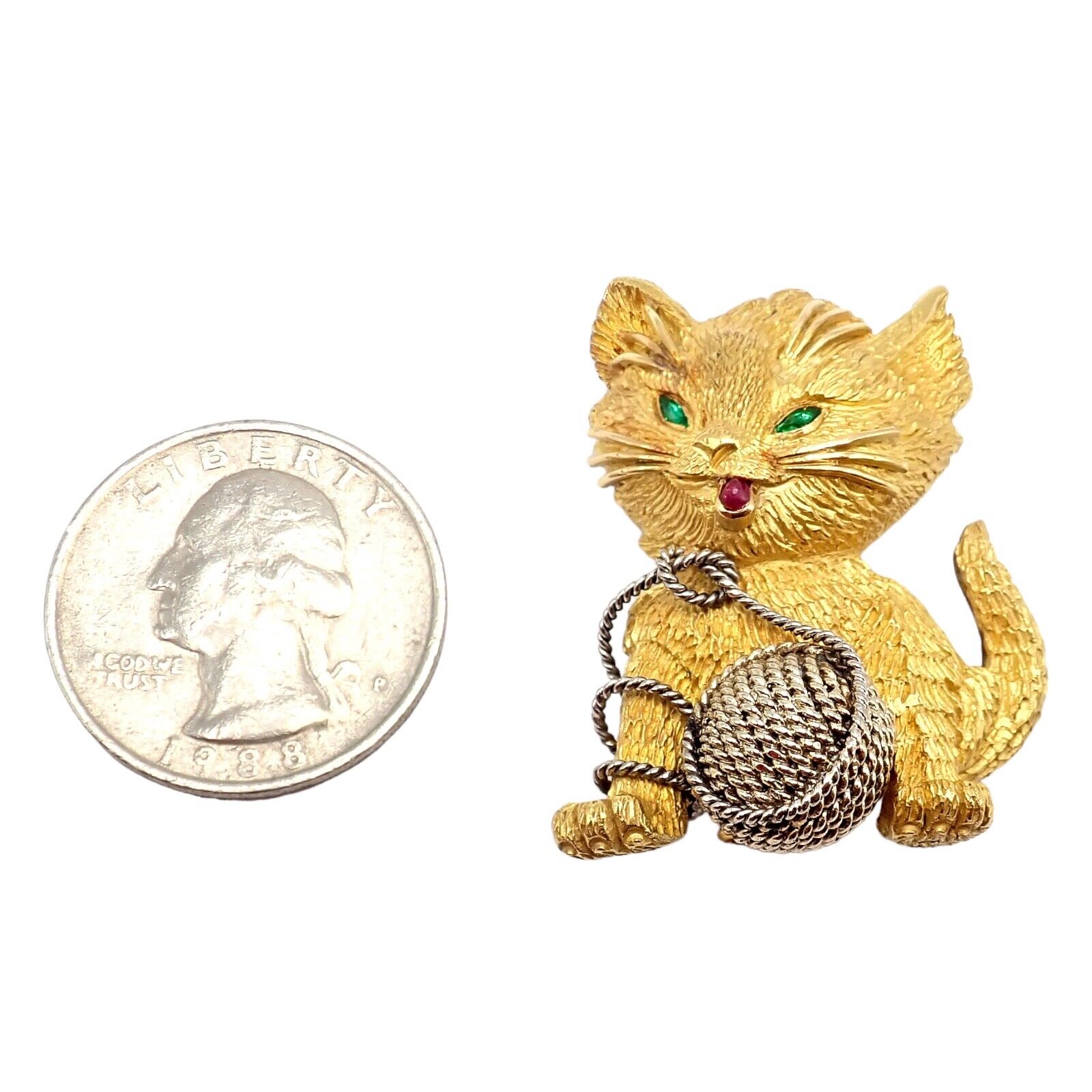 Vintage! Tiffany & Co. France 20k Yellow Gold Ruby Emerald Cat Yarn Pin Brooch | Fortrove