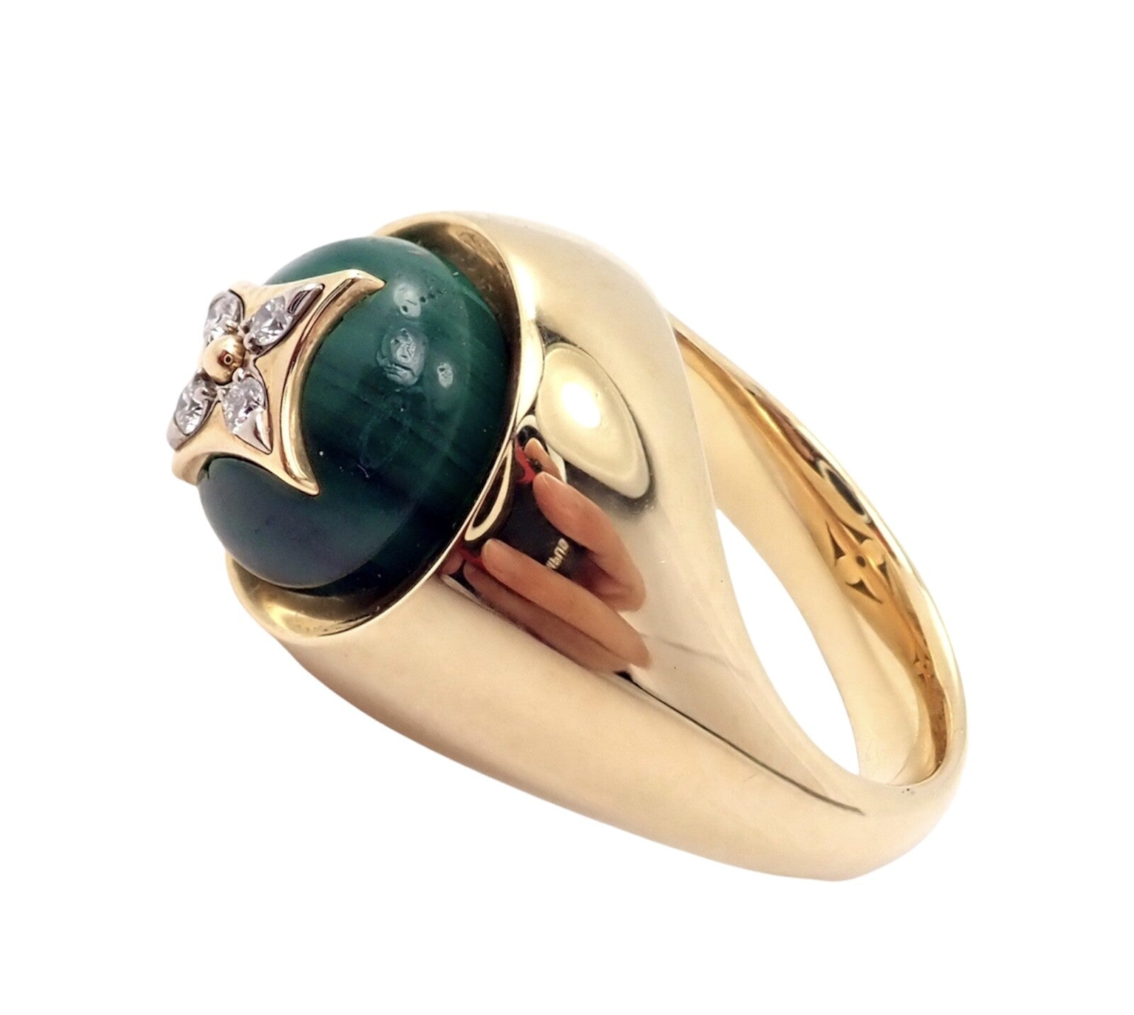 Authentic Louis Vuitton LV 18k Yellow Gold Diamond Malachite Blossom Signet Ring | Fortrove