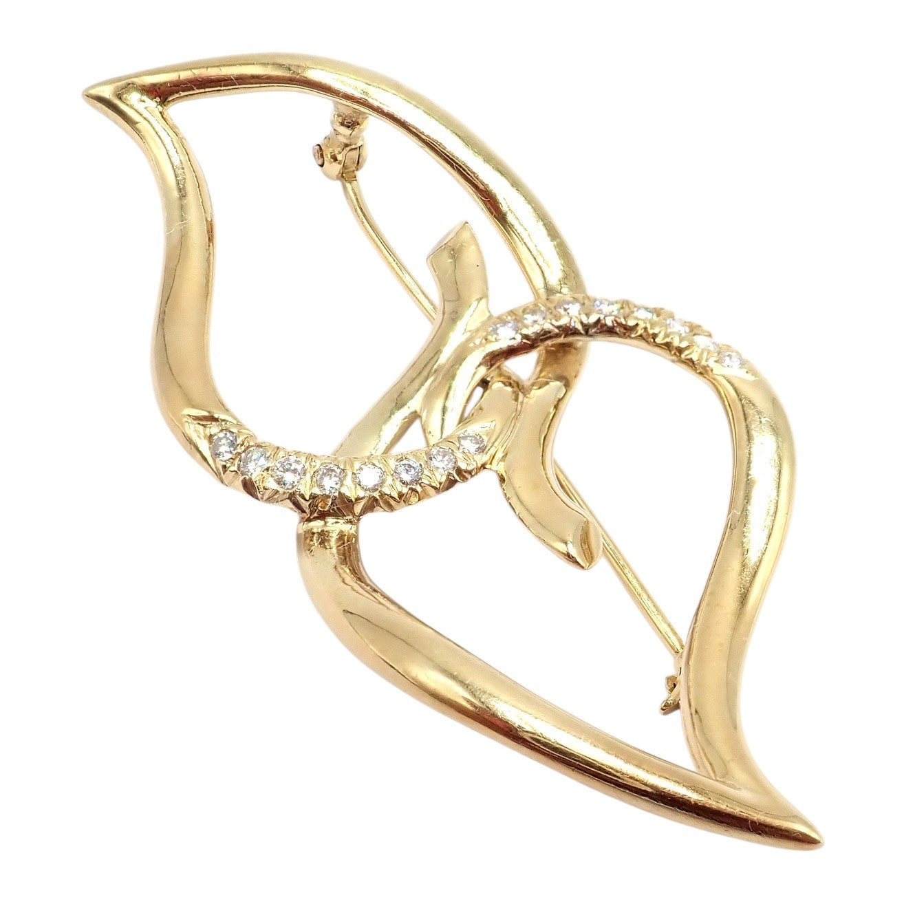 Authentic! Tiffany & Co 18k Yellow Gold Diamond Two Leaf Twin Brooch Pin 1987 | Fortrove
