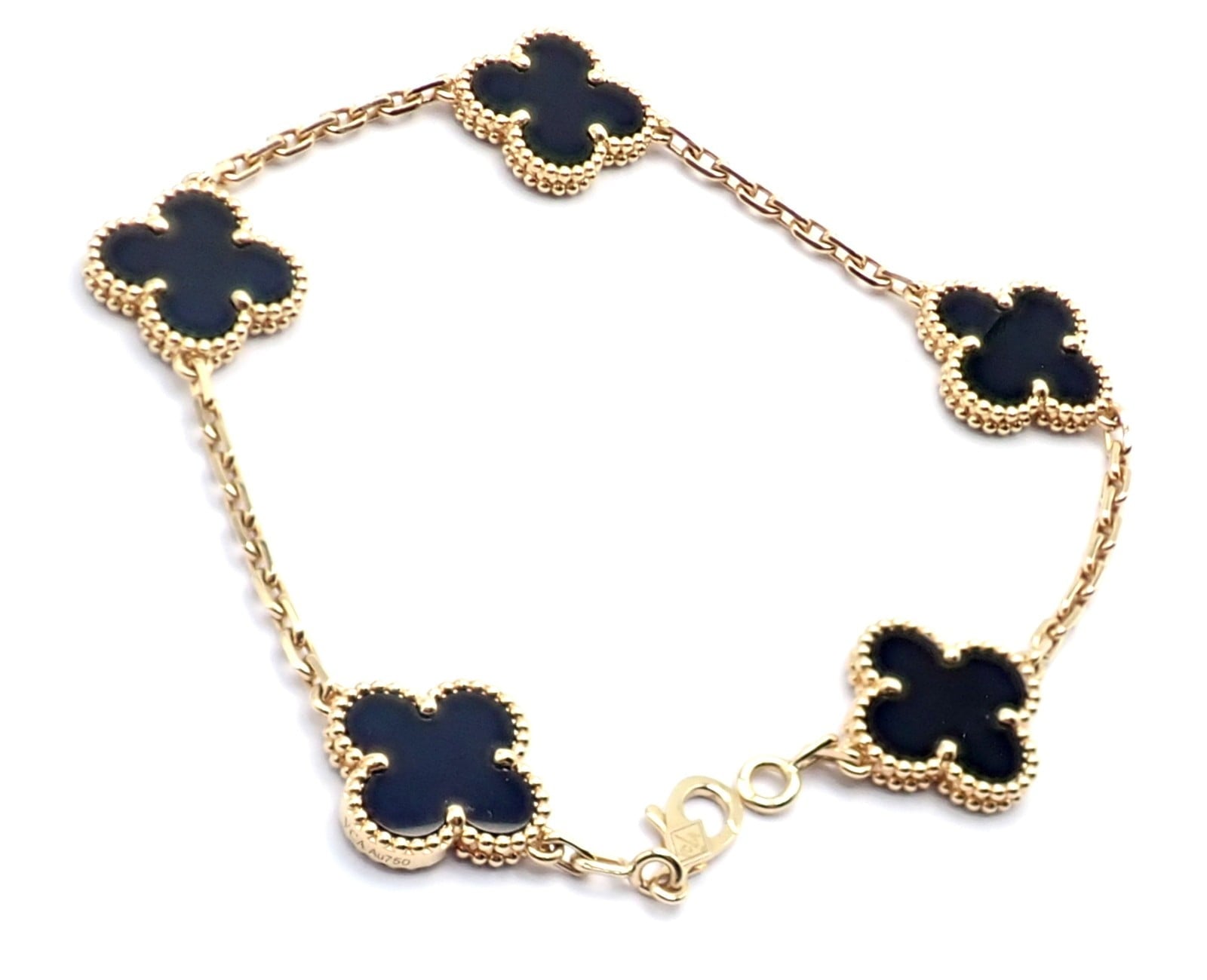 Authentic! Van Cleef & Arpels 18k Yellow Gold 5 Motif Onyx Alhambra Bracelet | Fortrove