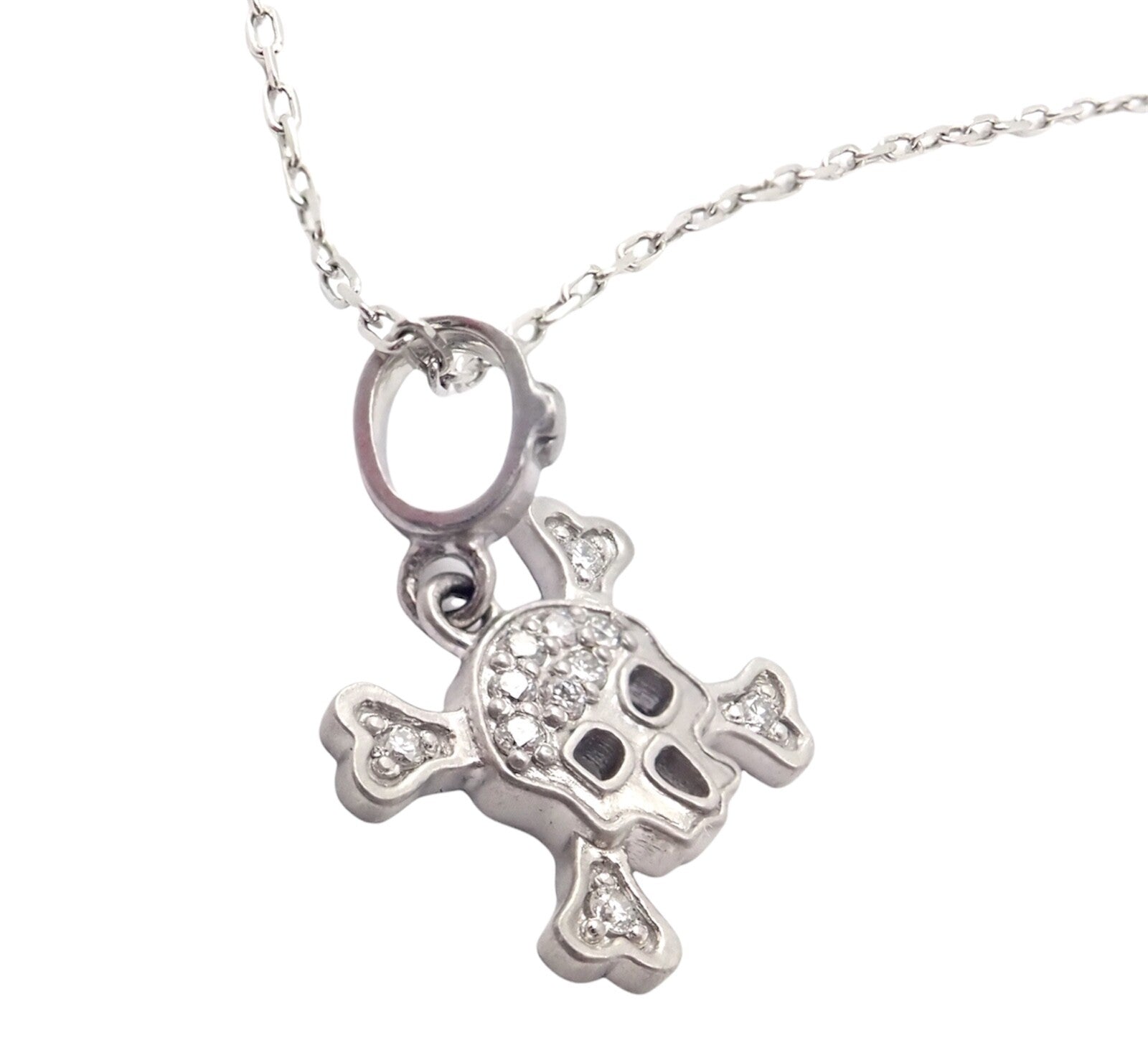 Authentic! Loree Rodkin 18k White Gold Diamond Skull Crossbones Pendant Necklace | Fortrove