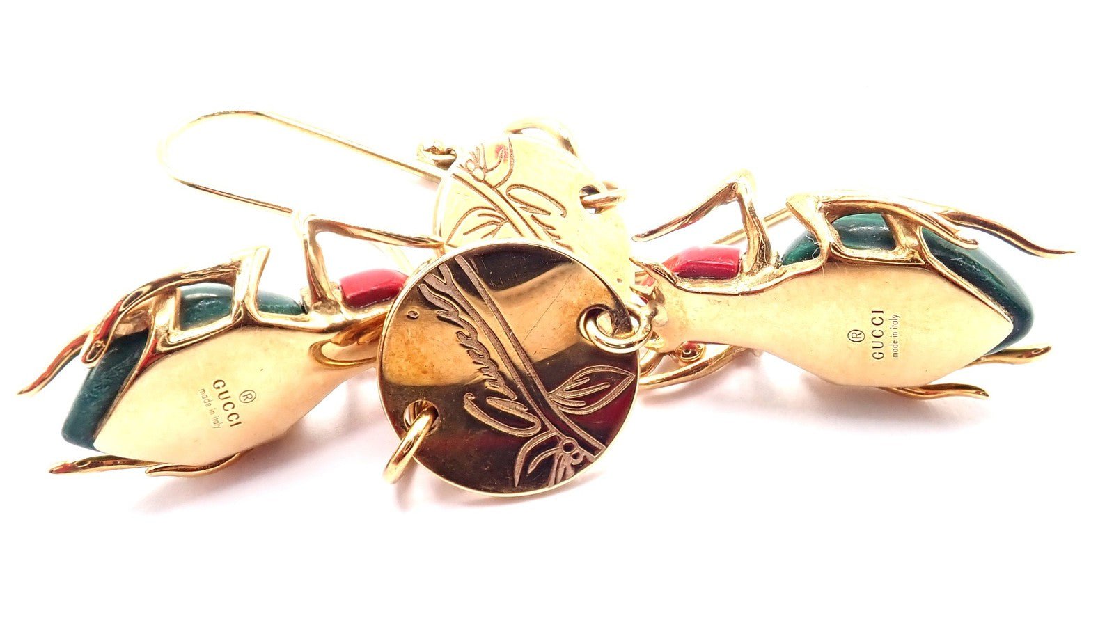 Authentic! Gucci 18k Yellow Gold Diamond Malachite Carnelian Scarab Earrings | Fortrove