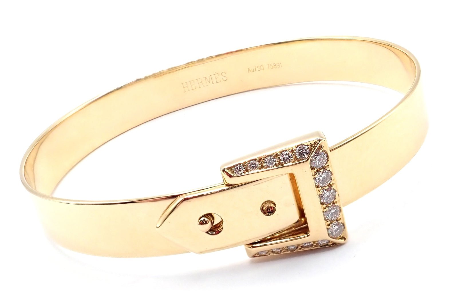 Authentic! Hermes 18k Yellow Gold Diamond Buckle Bangle Bracelet | Fortrove