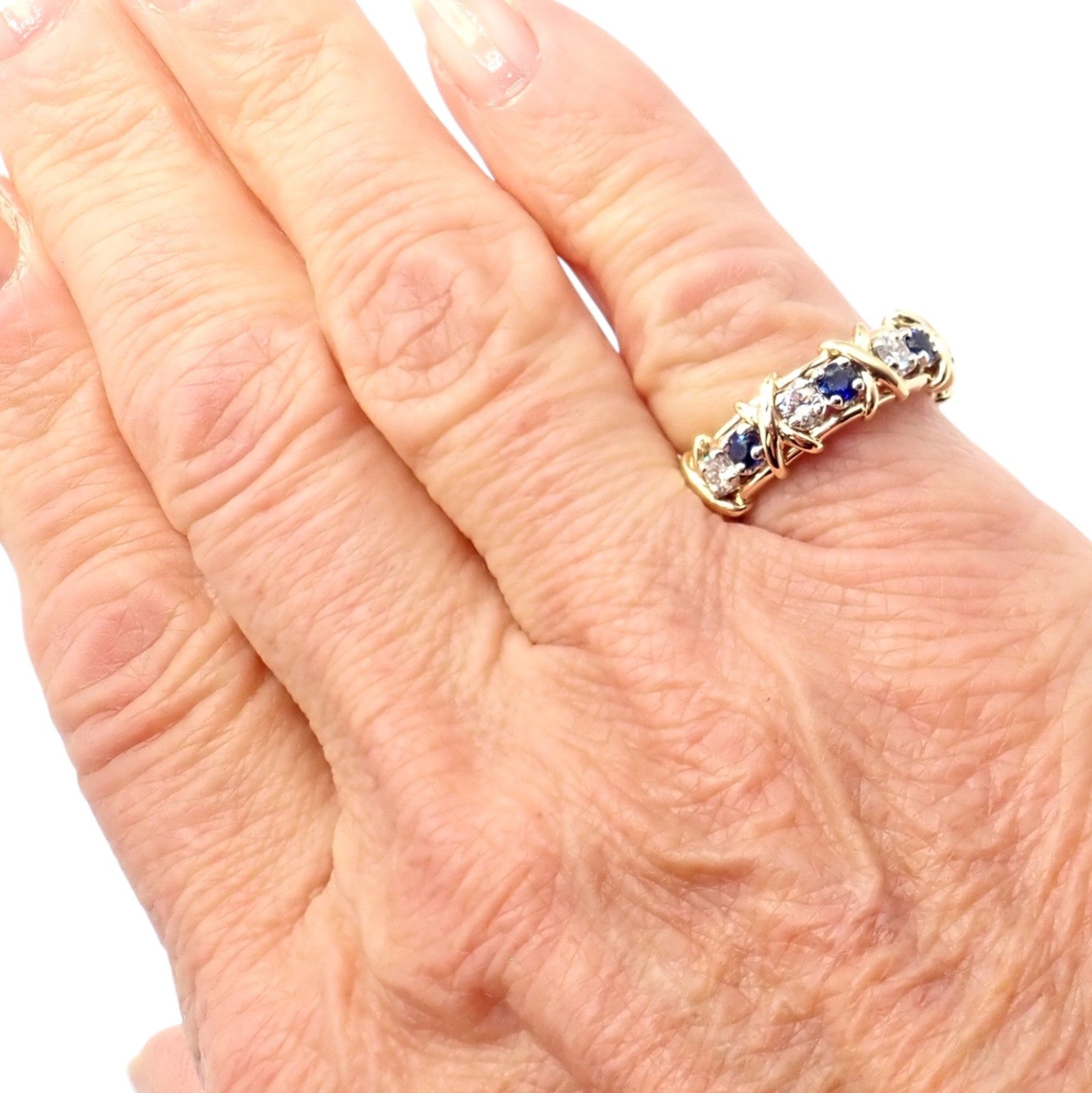 Tiffany & Co Schlumberger 18k Gold Platinum 16 Stone Diamond Sapphire Band Ring | Fortrove