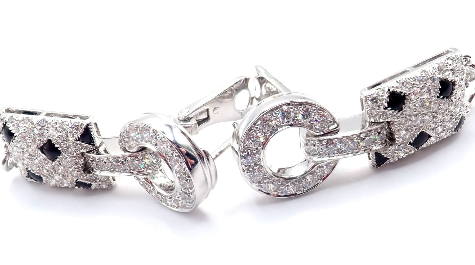 Authentic! Cartier Panthere Panther 18k White Gold Diamond Black Onyx Earrings | Fortrove