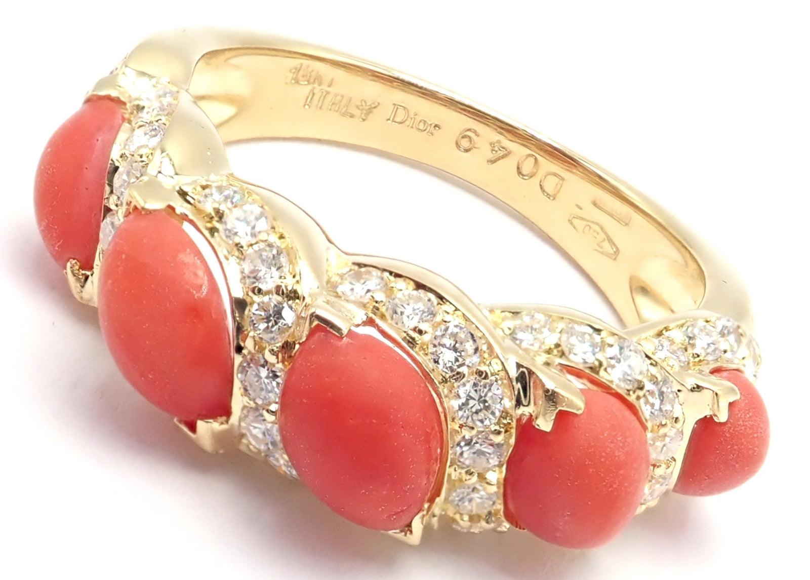 Rare! Authentic Christian Dior 18k Yellow Gold Diamond Coral Band Ring | Fortrove