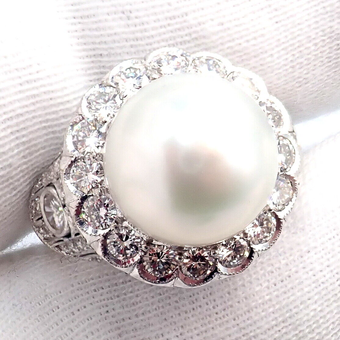 Vintage Estate 18k White Gold Diamond 12.5mm Pearl Cocktail Ring | Fortrove