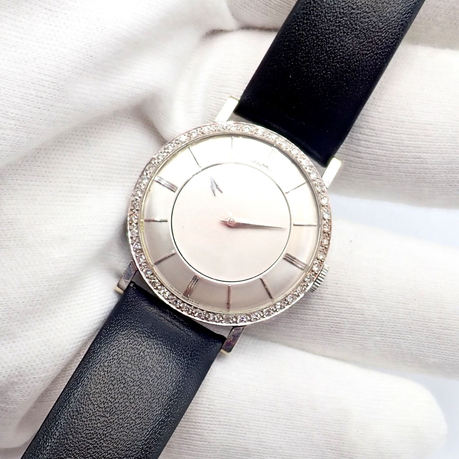 Vintage Longines 18k White Gold Diamond Bezel Manual Wind Mystery Dial Watch | Fortrove