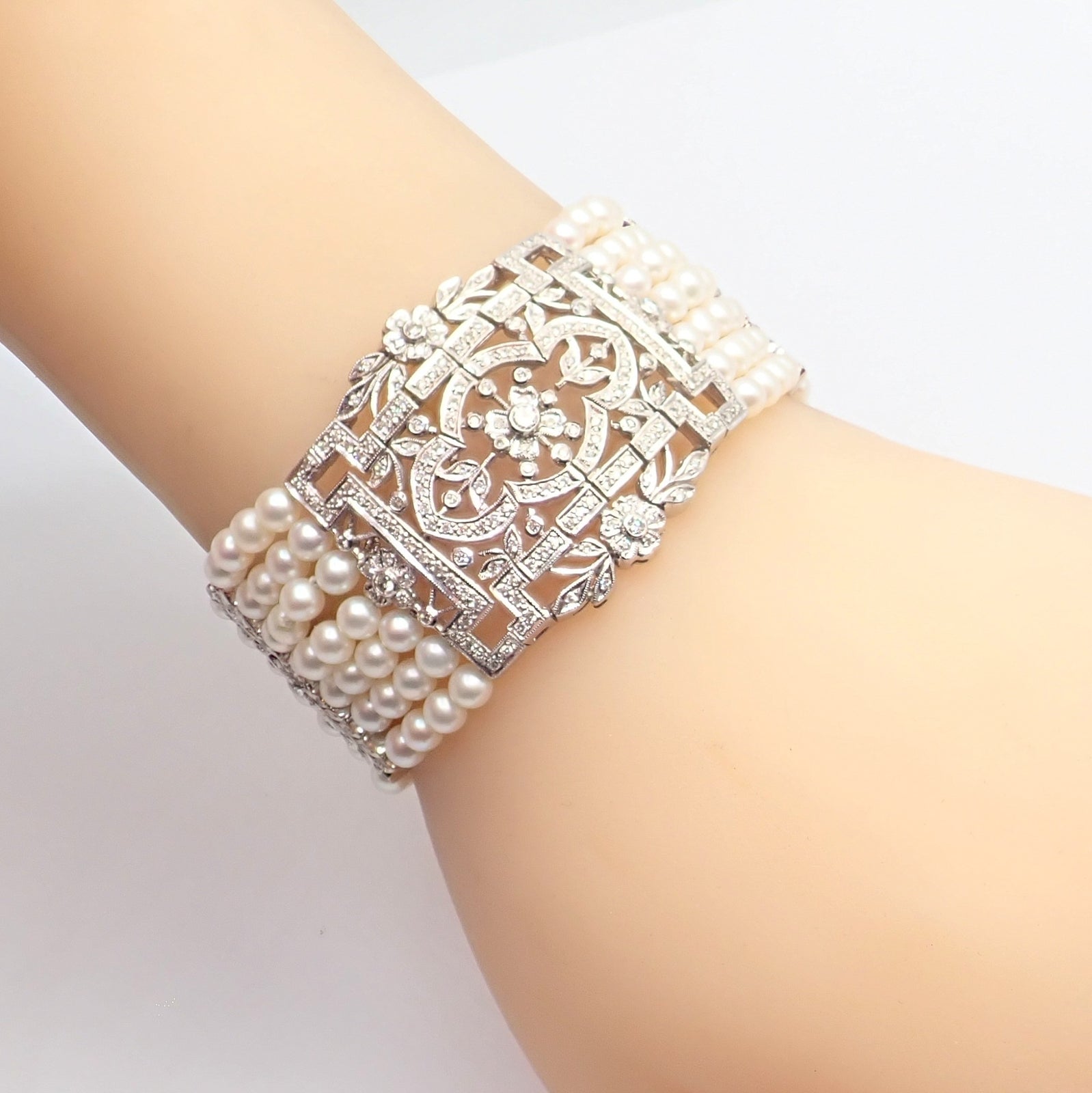 Estate Jewelry & Watches:Vintage & Antique Jewelry:Bracelets & Charms Vintage Estate 18k White Gold Diamond 7 Row 4.5mm Pearl Bracelet