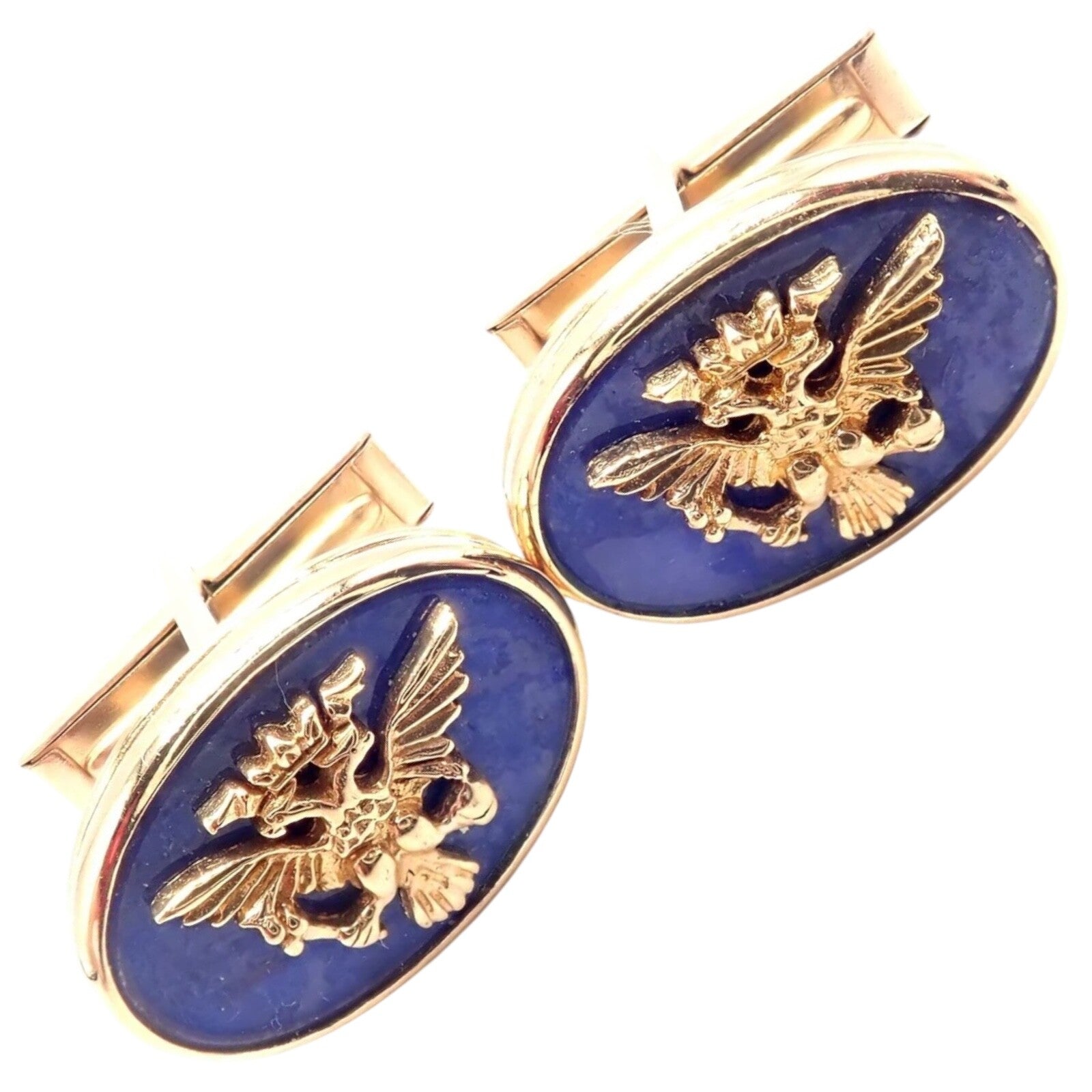 Authentic! Franklin Mint Faberge Imperial Eagle 14k Yellow Gold Lapis Cufflinks | Fortrove