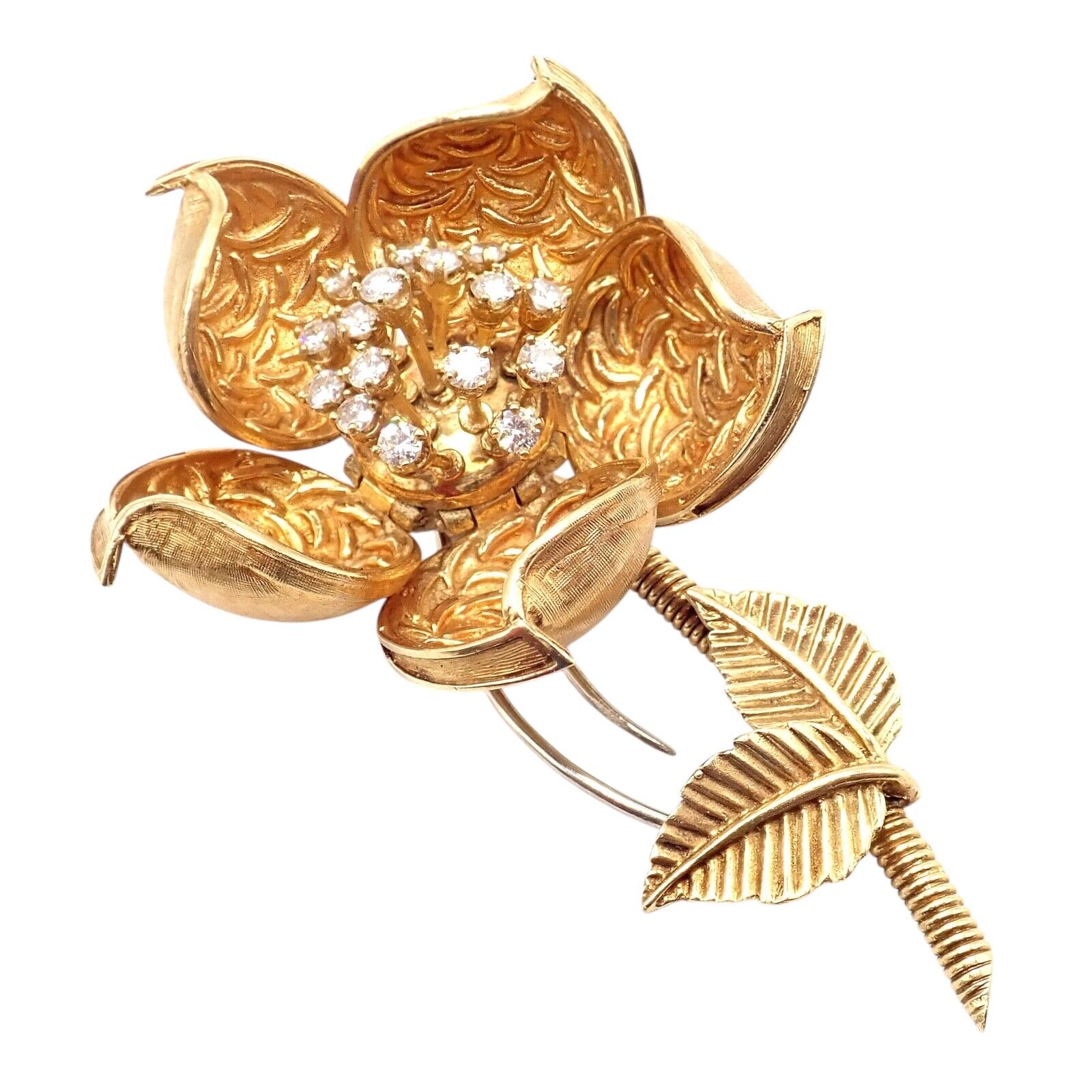 Hammerman Brothers 18k Yellow Gold Diamond Rose Flower Night & Day Brooch Pin | Fortrove