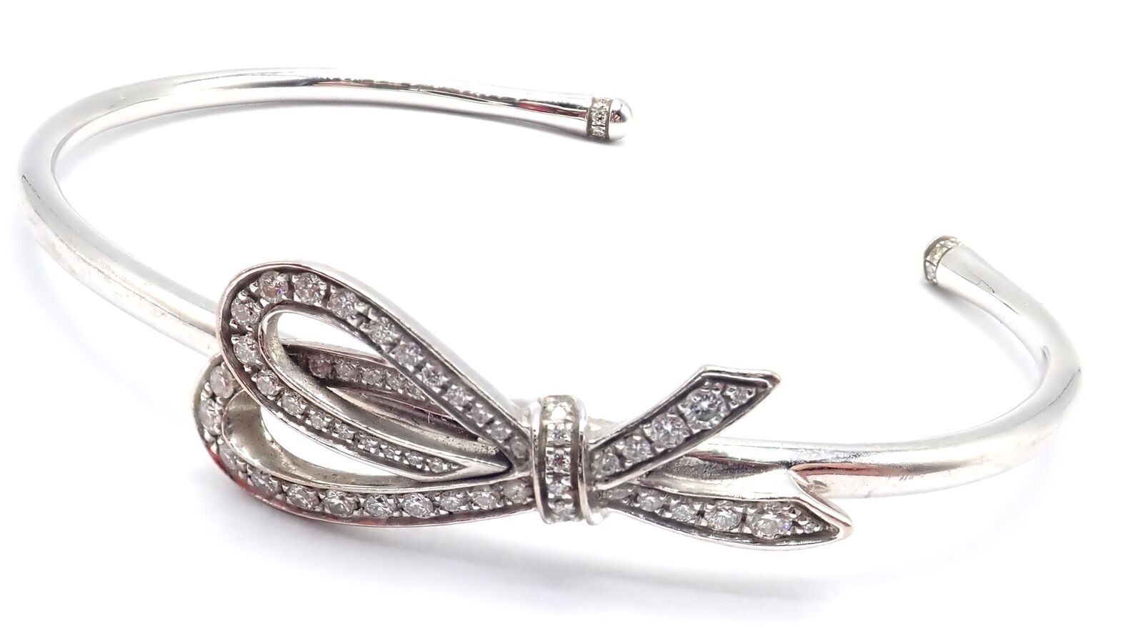 Authentic! Tiffany & Co 18k White Gold Diamond Bow Ribbon Bangle Cuff Bracelet | Fortrove