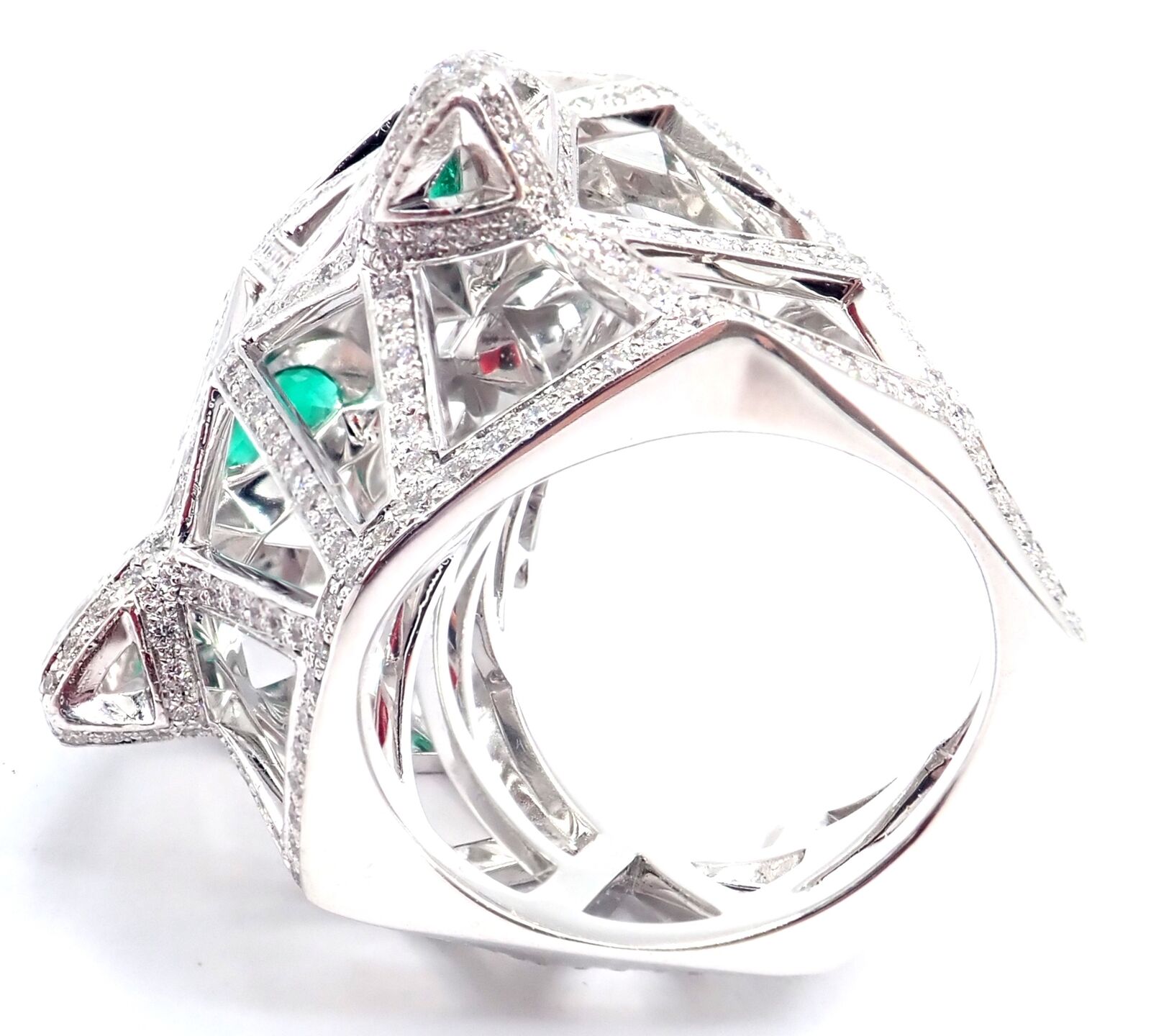 Cartier Panther Panthere 18k White Gold Emerald Diamond Paved Large Ring Size 54 | Fortrove