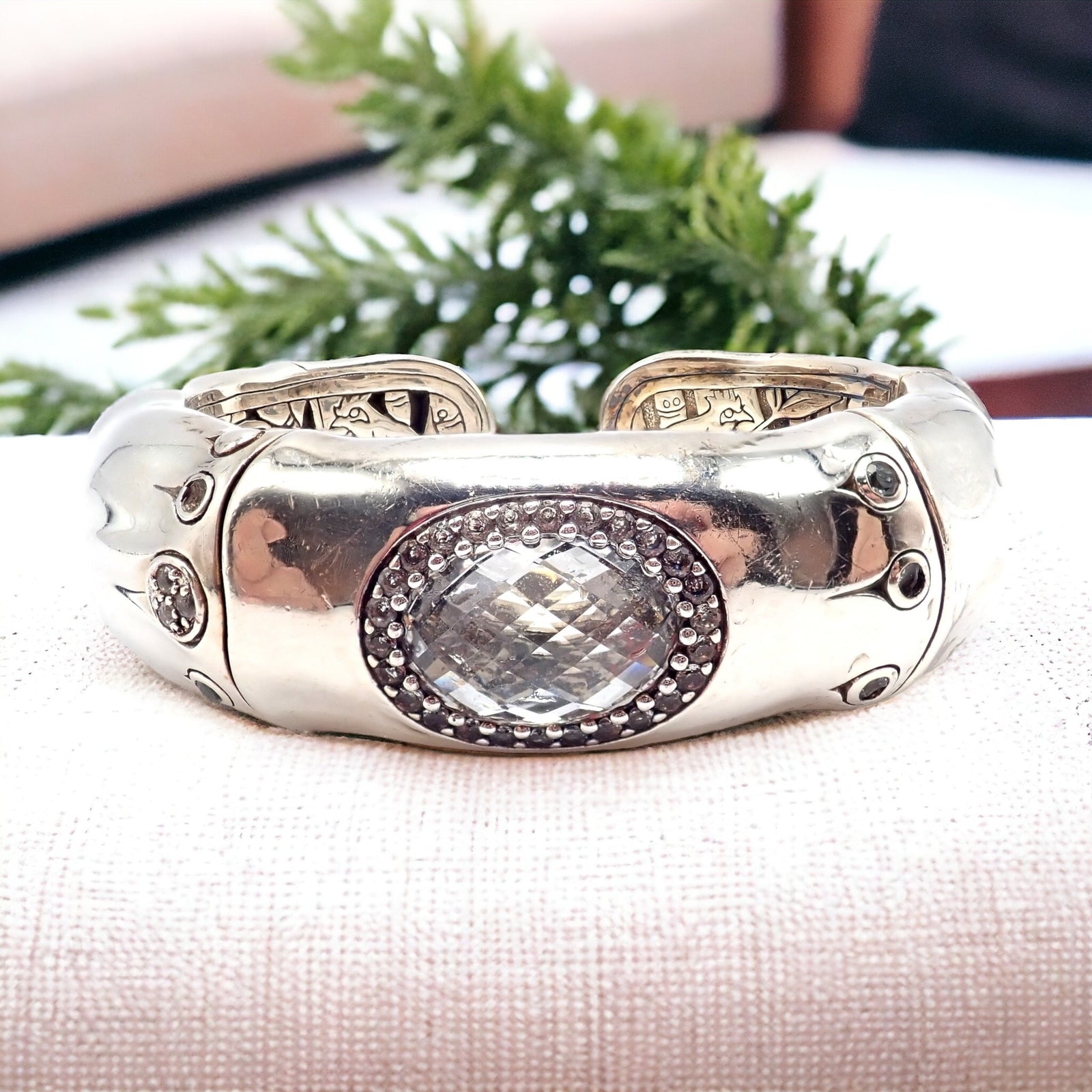 Authentic! John Hardy Silver White Topaz 30 Bamboo Large Cuff Bracelet | Fortrove