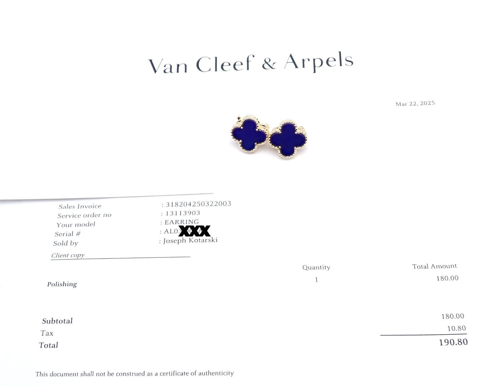 Van Cleef & Arpels 18k Yellow Gold Vintage Alhambra Blue Lapis Earrings Paper | Fortrove