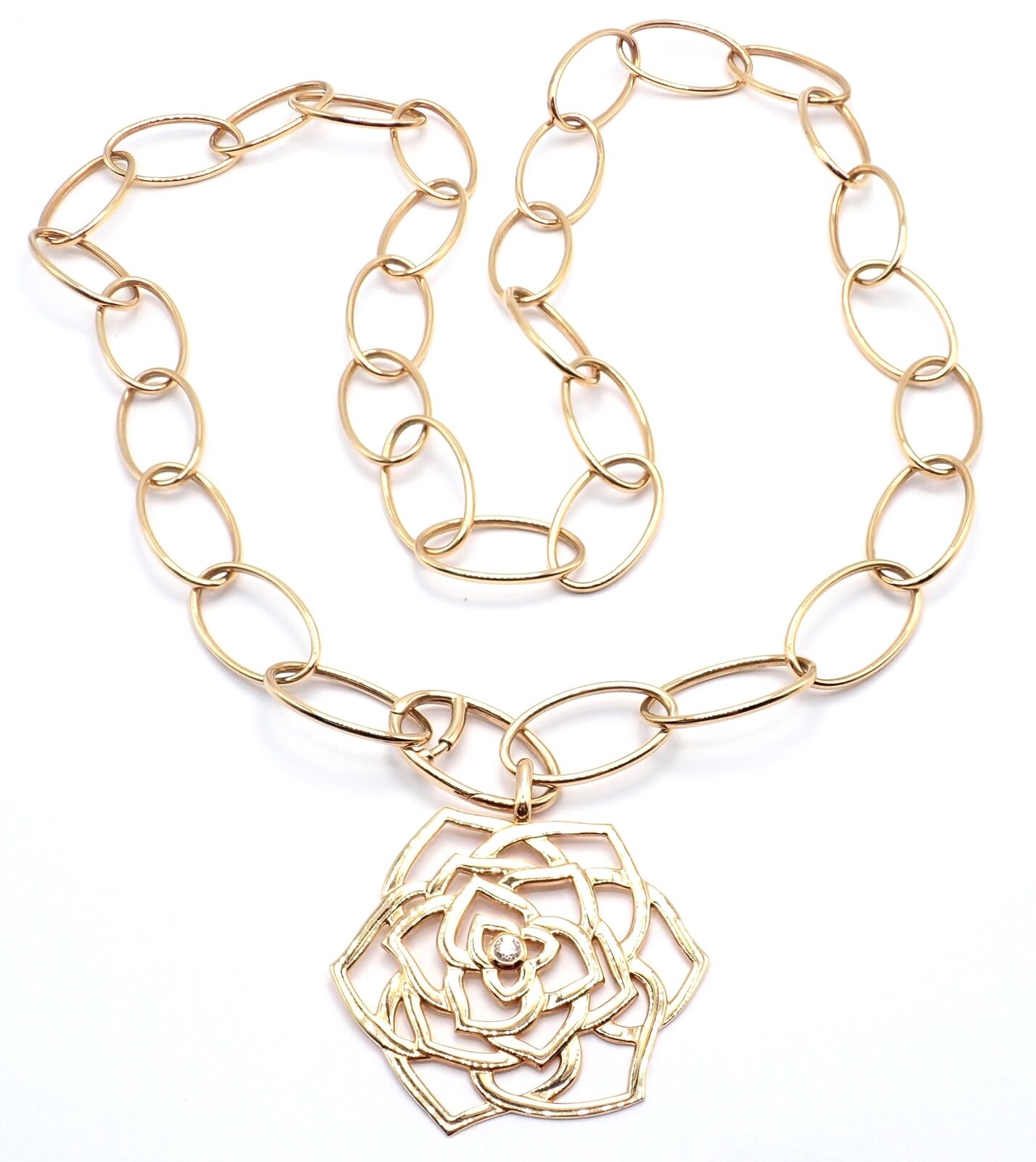 Authentic! Piaget 18k Rose Gold Diamond Large Flower Pendant Link Necklace Cert. | Fortrove