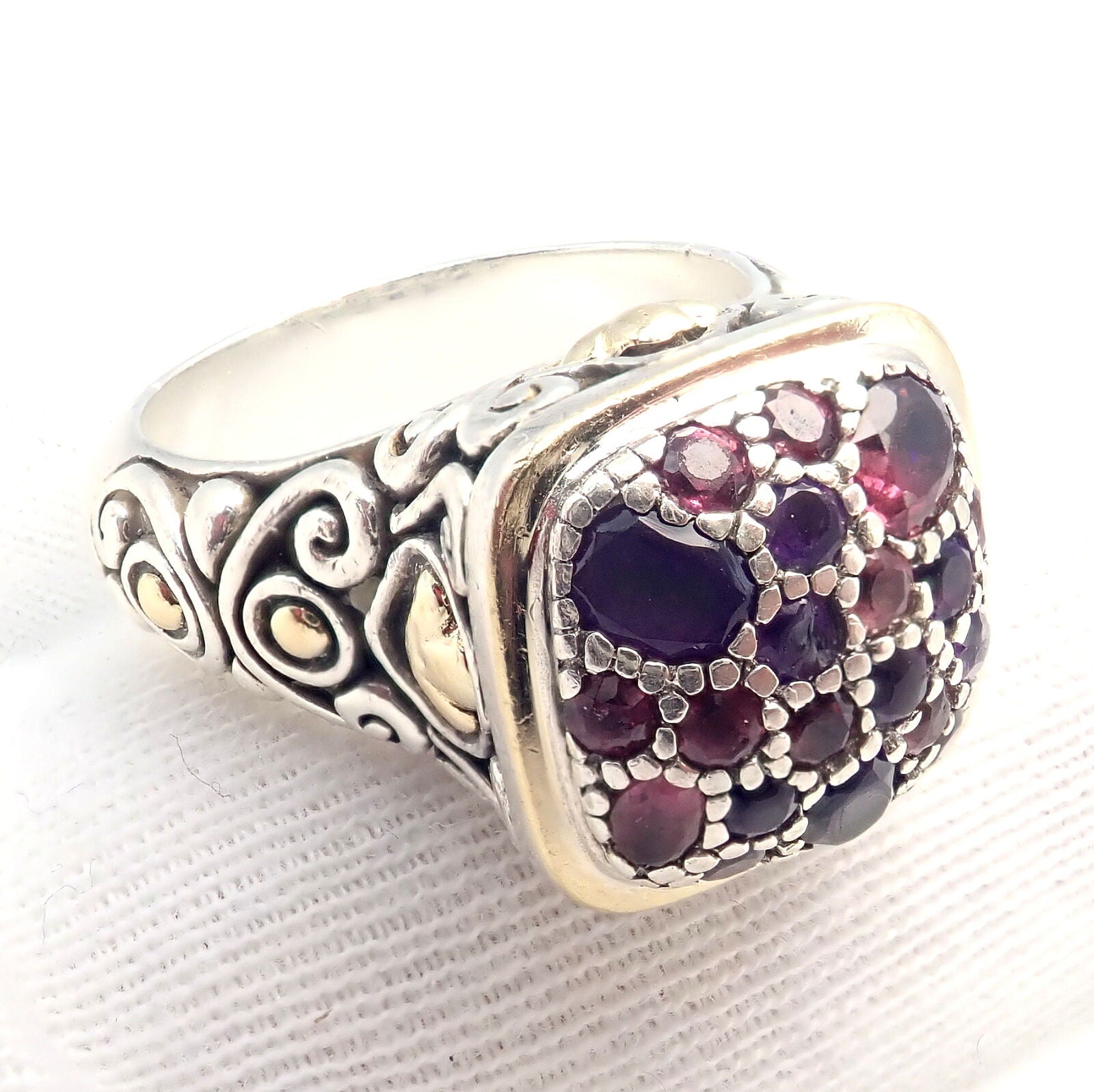 John Hardy JH Silver 18k Yellow Gold Classic Lava Fire Amethyst Tourmaline Ring | Fortrove