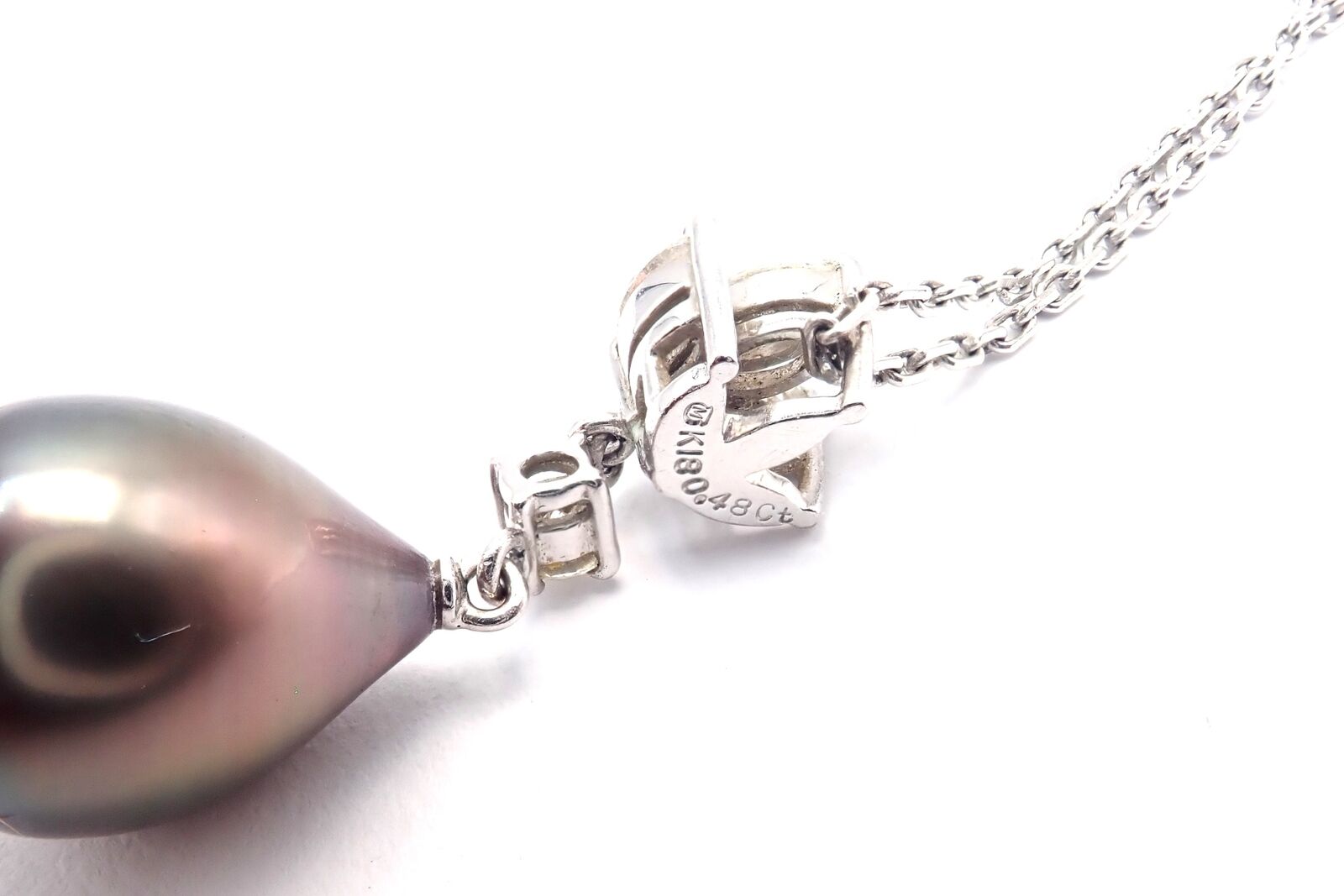 Authentic! Mikimoto 18k White Gold Tahitian Pearl Diamond Pendant Necklace | Fortrove