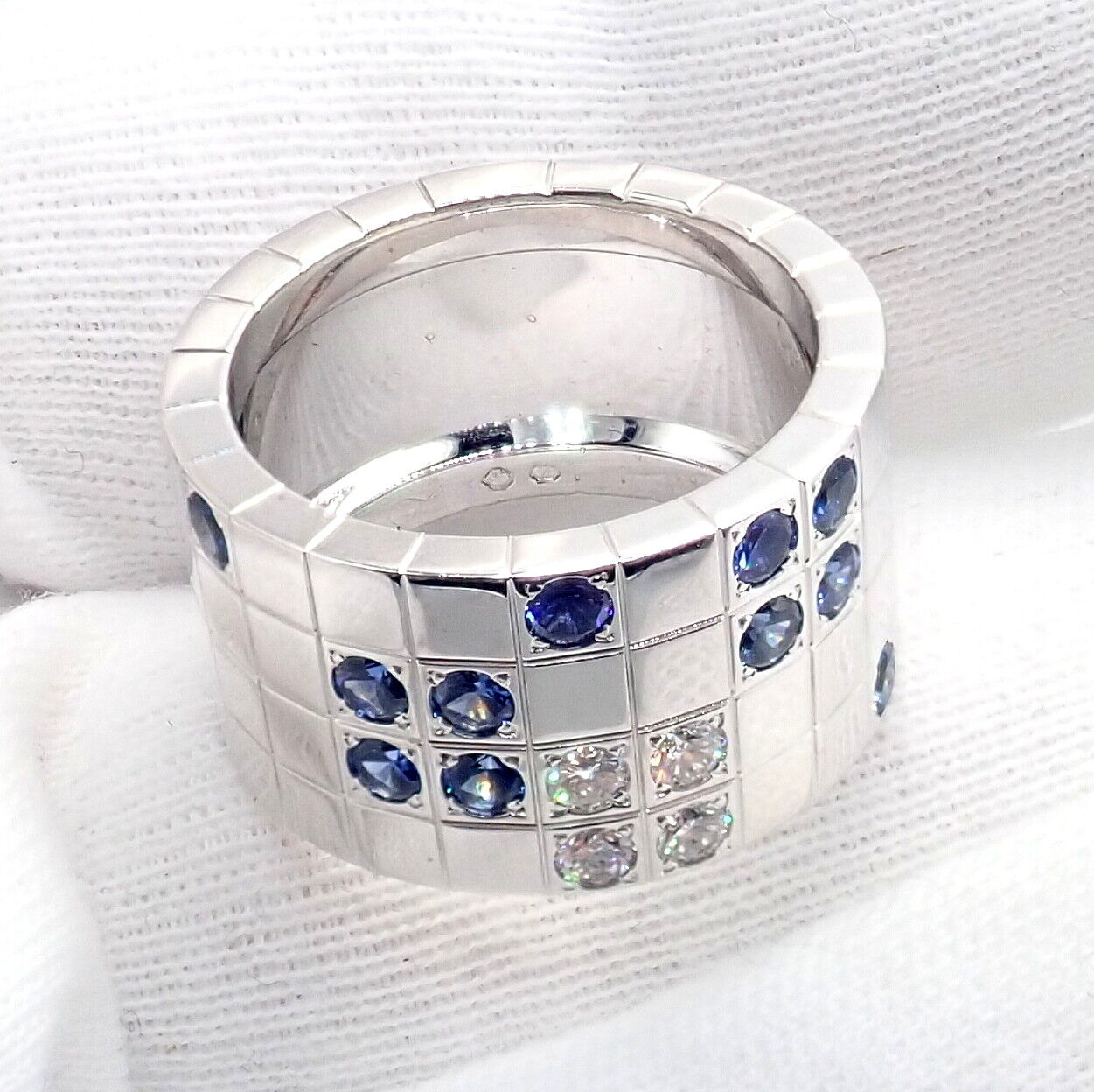 Cartier 18k White Gold Lanieres Diamond Blue Sapphire Wide Band Ring 53 6.5 | Fortrove