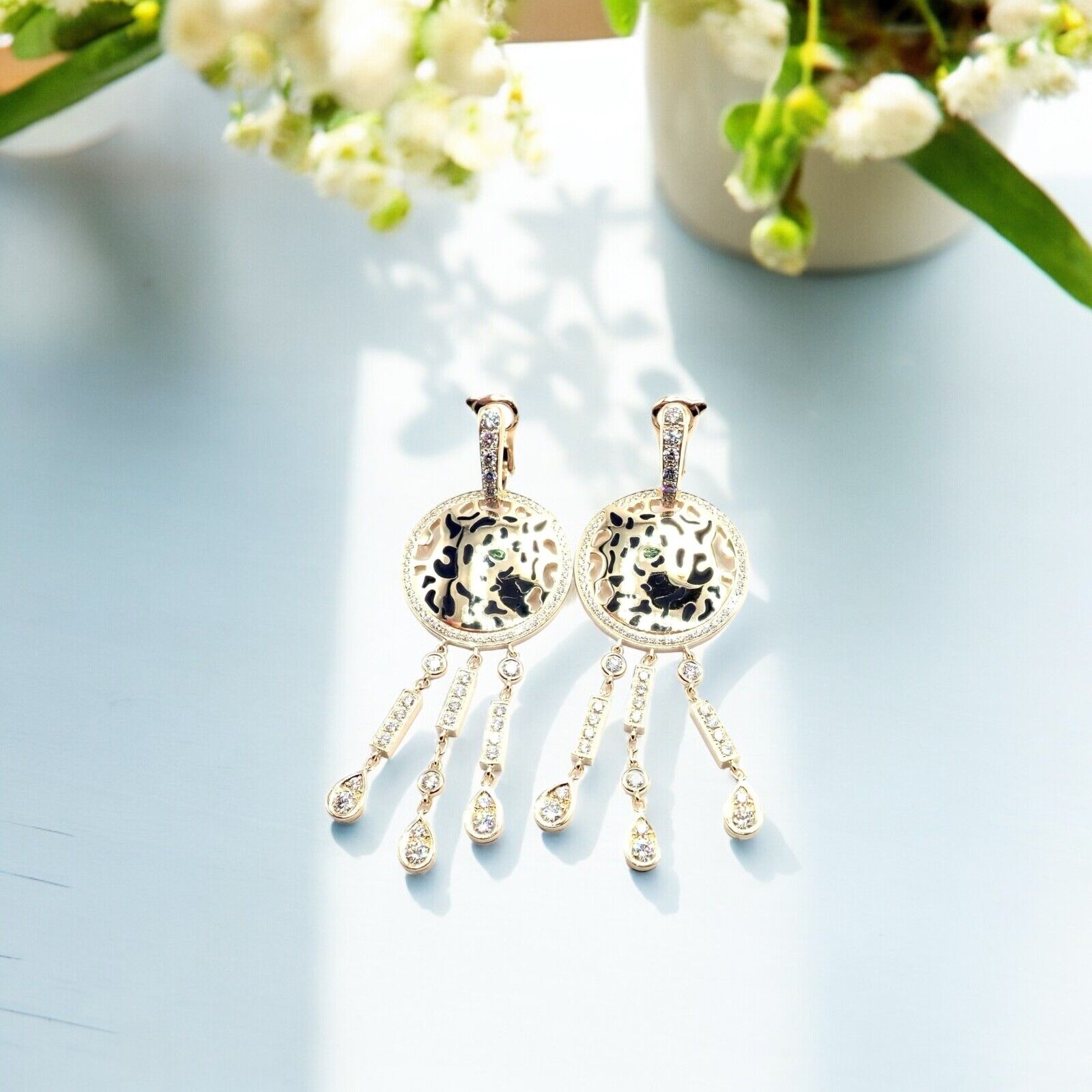Authentic! Cartier Panther 18k Yellow Gold Diamond Lacquer Tsavorite Earrings | Fortrove