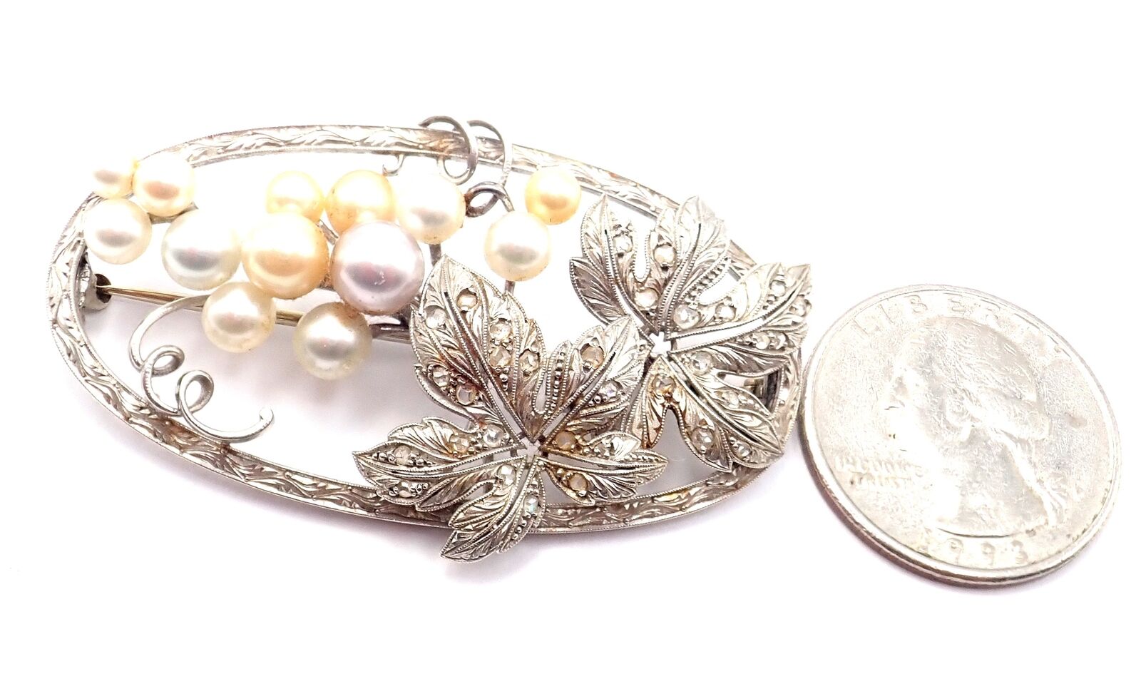 Vintage! Authentic Mikimoto 14k White Gold Diamond Pearl Brooch Pin | Fortrove