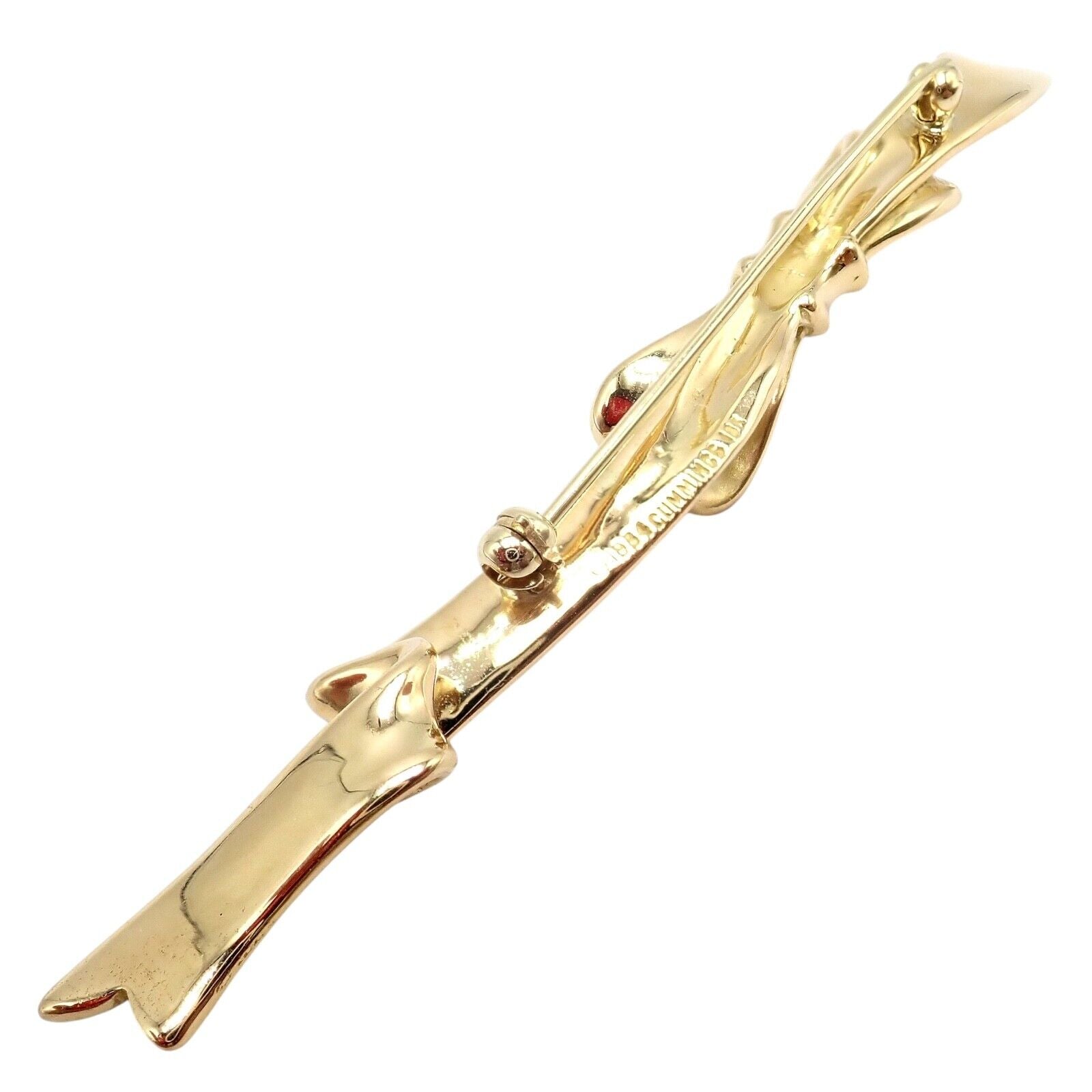 Authentic! Angela Cummings 18k Yellow Gold Long Ribbon Bow Pin Brooch 1984 | Fortrove