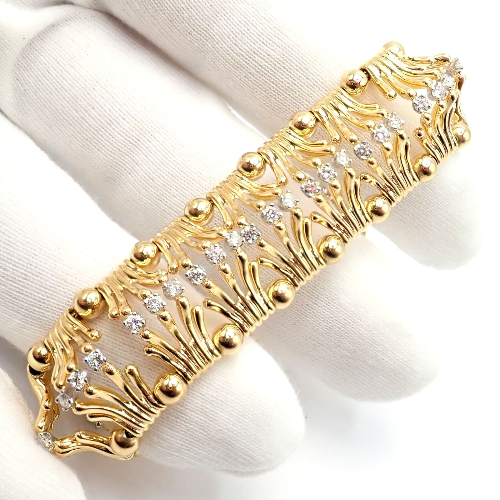 Tiffany & Co Jean Schlumberger 18k Yellow Gold Platinum Diamond Hands Bracelet | Fortrove