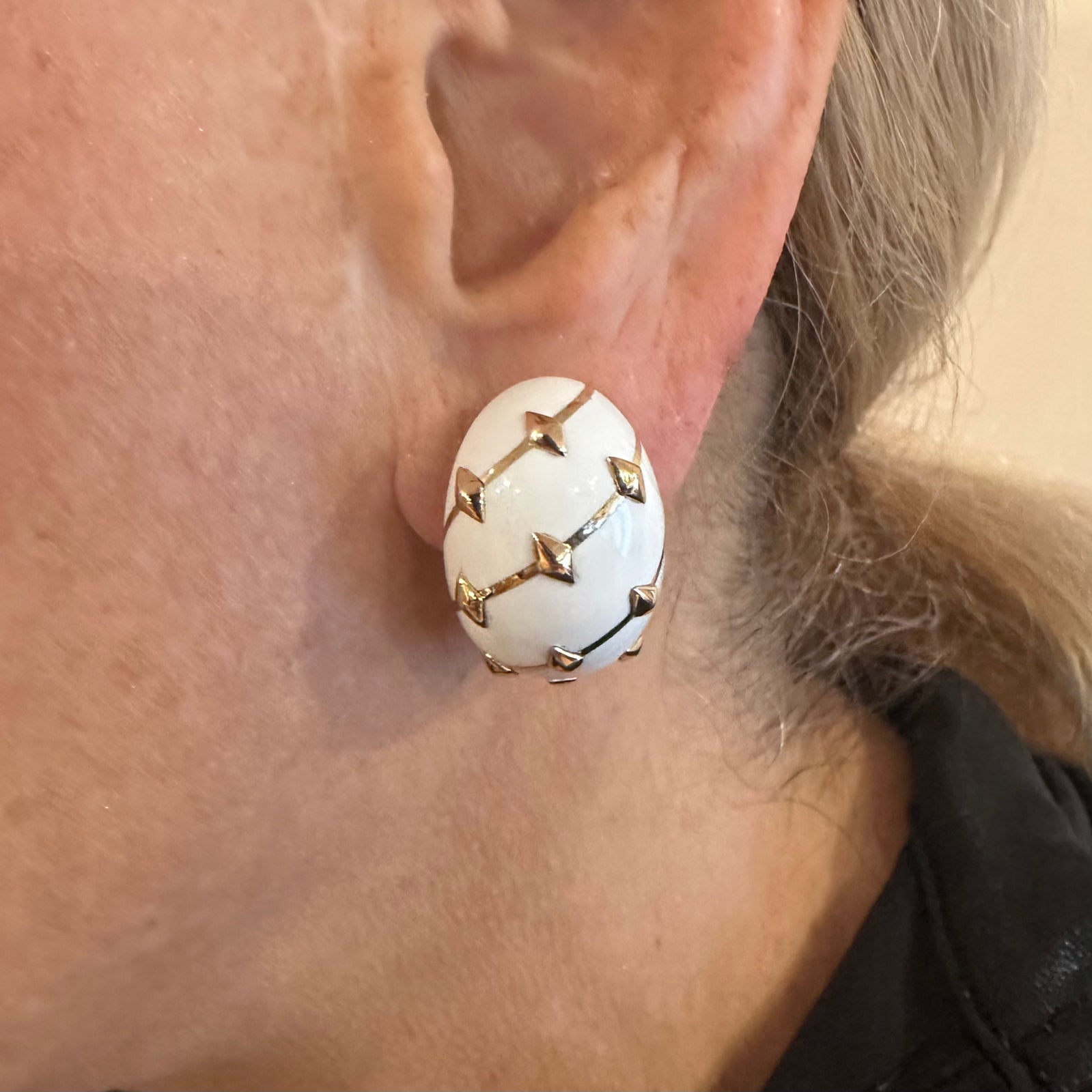 Tiffany & Co Schlumberger Dot Losange 18k Yellow Gold White Enamel Hoop Earrings | Fortrove