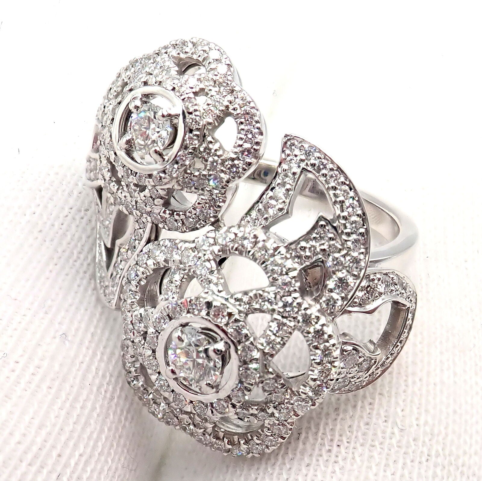 Authentic! Chanel Camellia Two Flower 18k White Gold Diamond Ring | Fortrove