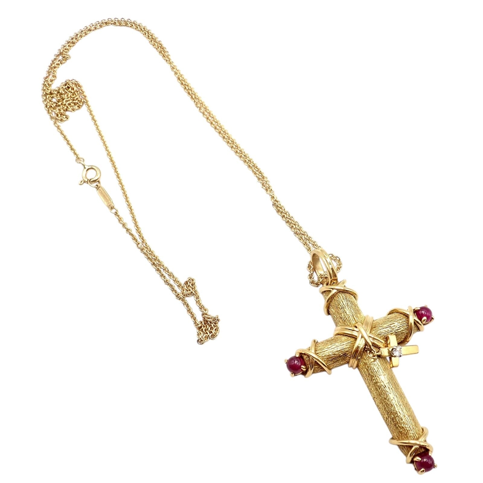 Tiffany & Co Schlumberger 18k Yellow Gold Ruby Diamond Cross 24" Chain Necklace | Fortrove
