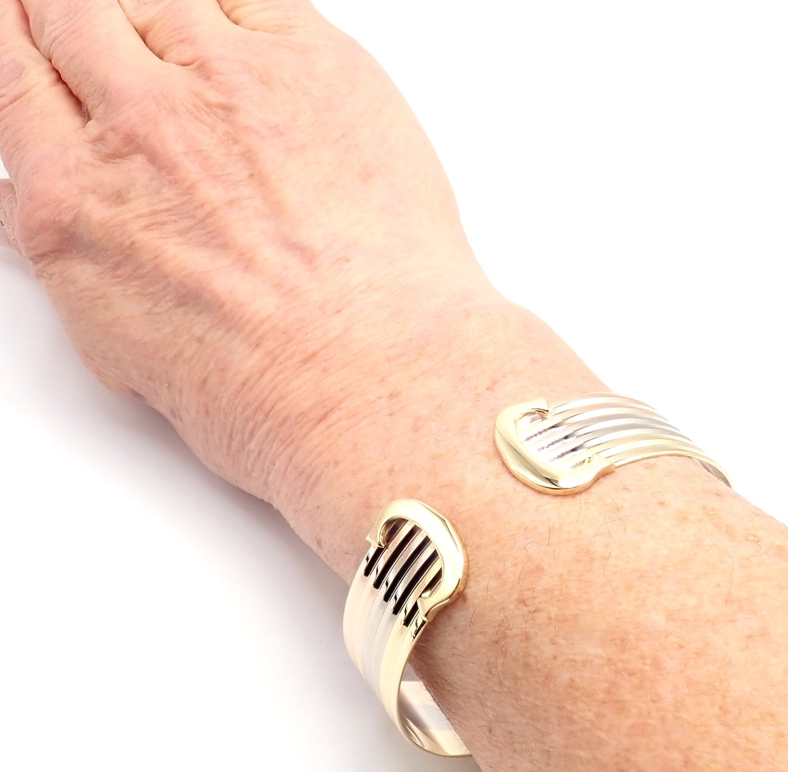 Authentic! Cartier 18k Tri-Color Gold Double C Wide Cuff Bangle Bracelet | Fortrove