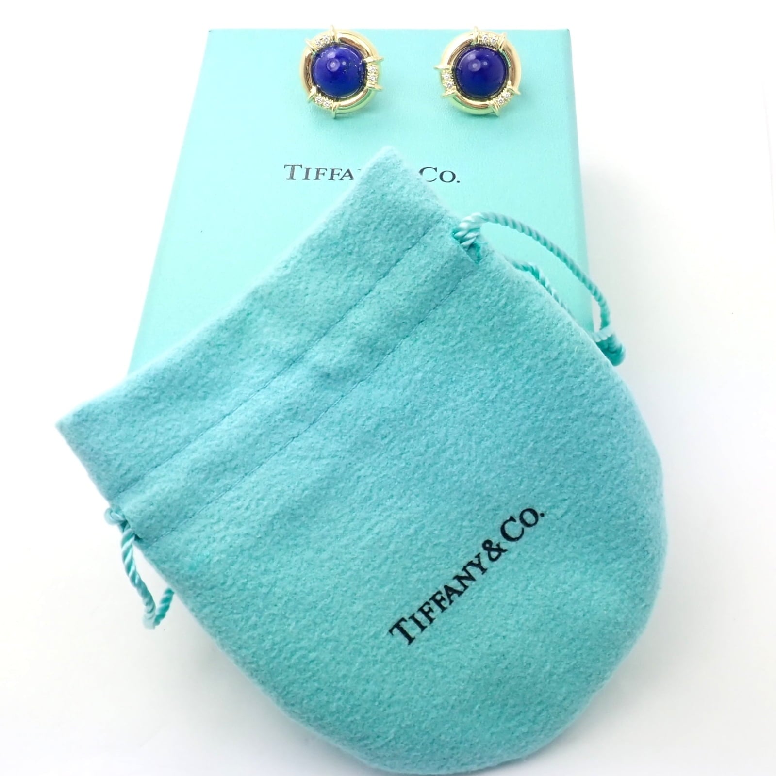 Authentic! Tiffany & Co 18k Yellow Gold Diamond Lapis Lazuli Earrings | Fortrove