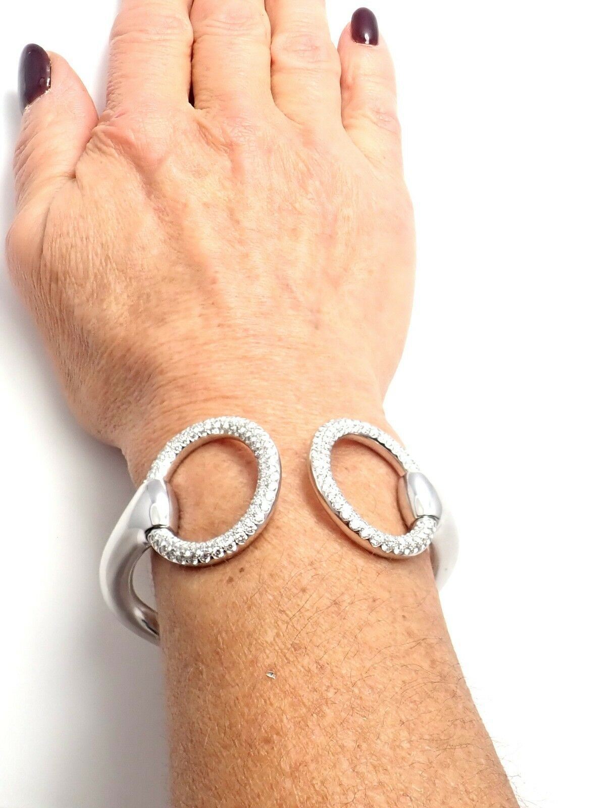 Authentic! Hermes Nausicaa 18K White Gold Diamond Horsebit Cuff Bangle Bracelet | Fortrove