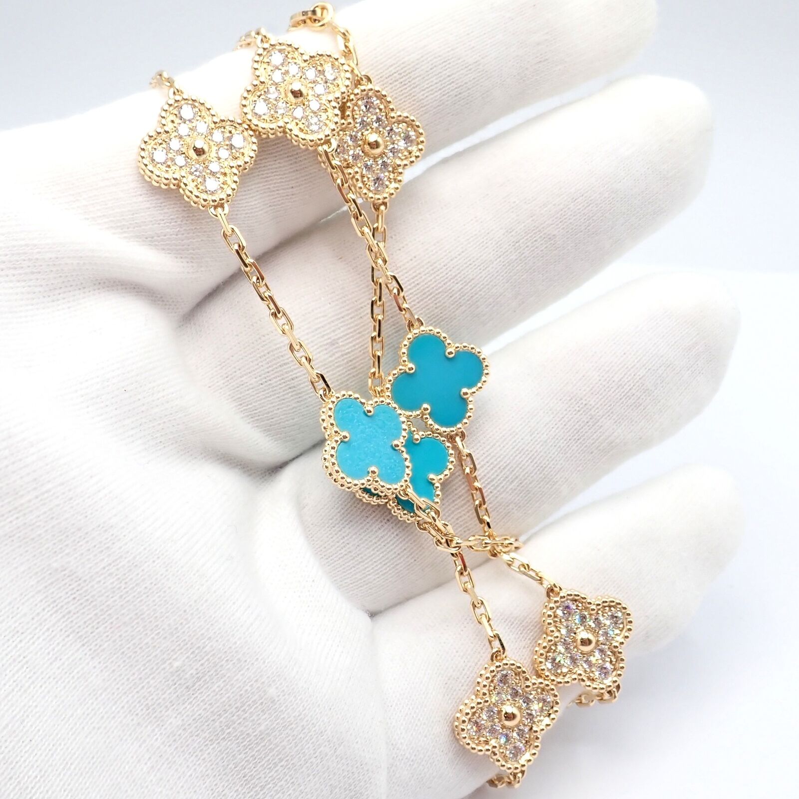 Van Cleef & Arpels Jewelry & Watches:Fine Jewelry:Necklaces & Pendants Van Cleef & Arpels 18k Yellow Gold 20 Motif Alhambra Diamond Turquoise Necklace