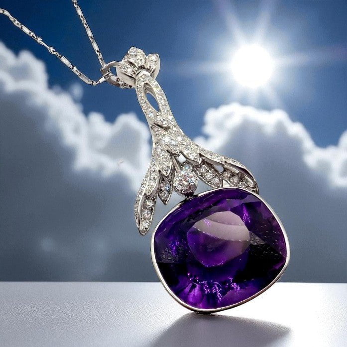 Estate Jewelry & Watches:Fine Jewelry:Necklaces & Pendants Vintage Estate Platinum Diamond Large Amethyst Art Deco Necklace