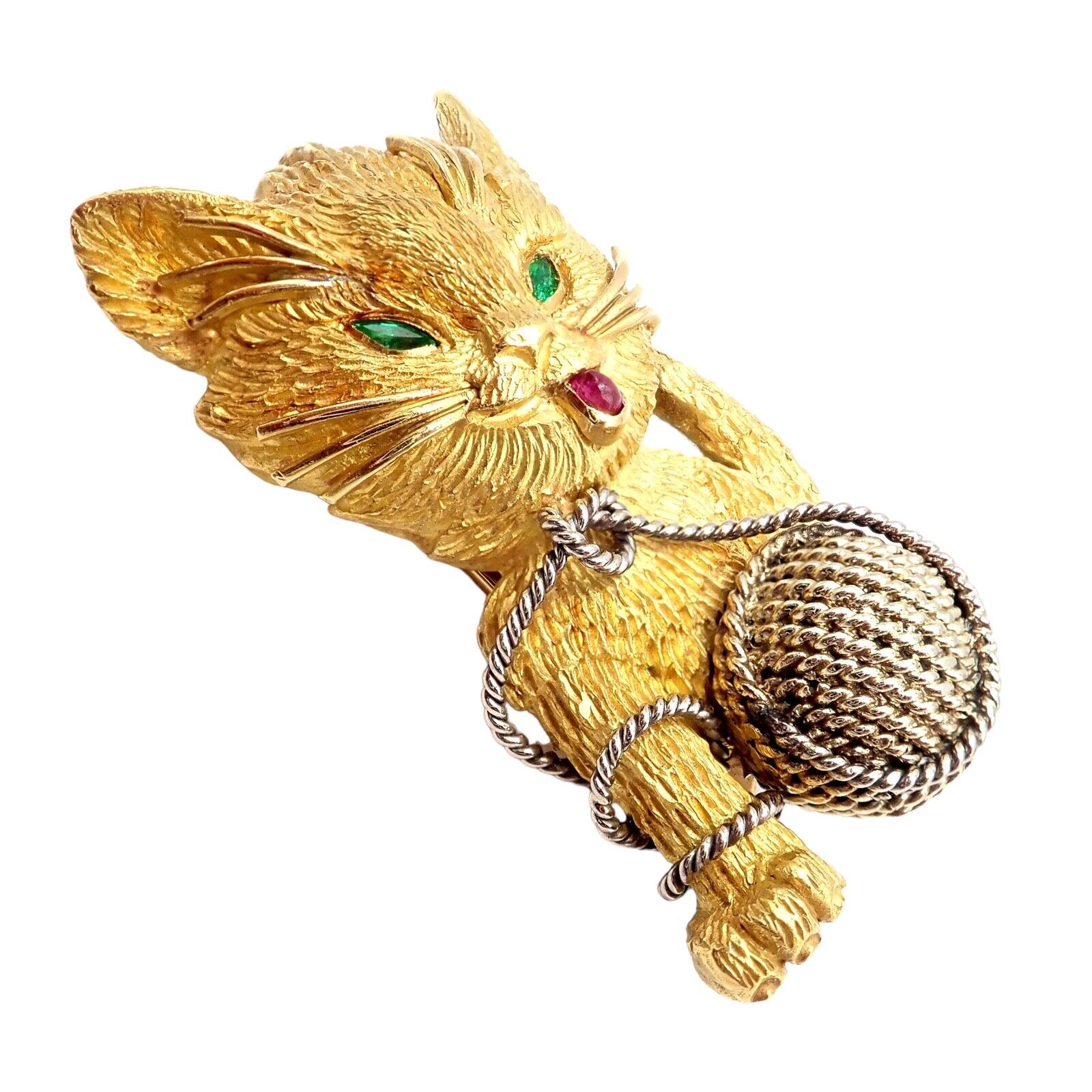Vintage! Tiffany & Co. France 20k Yellow Gold Ruby Emerald Cat Yarn Pin Brooch | Fortrove