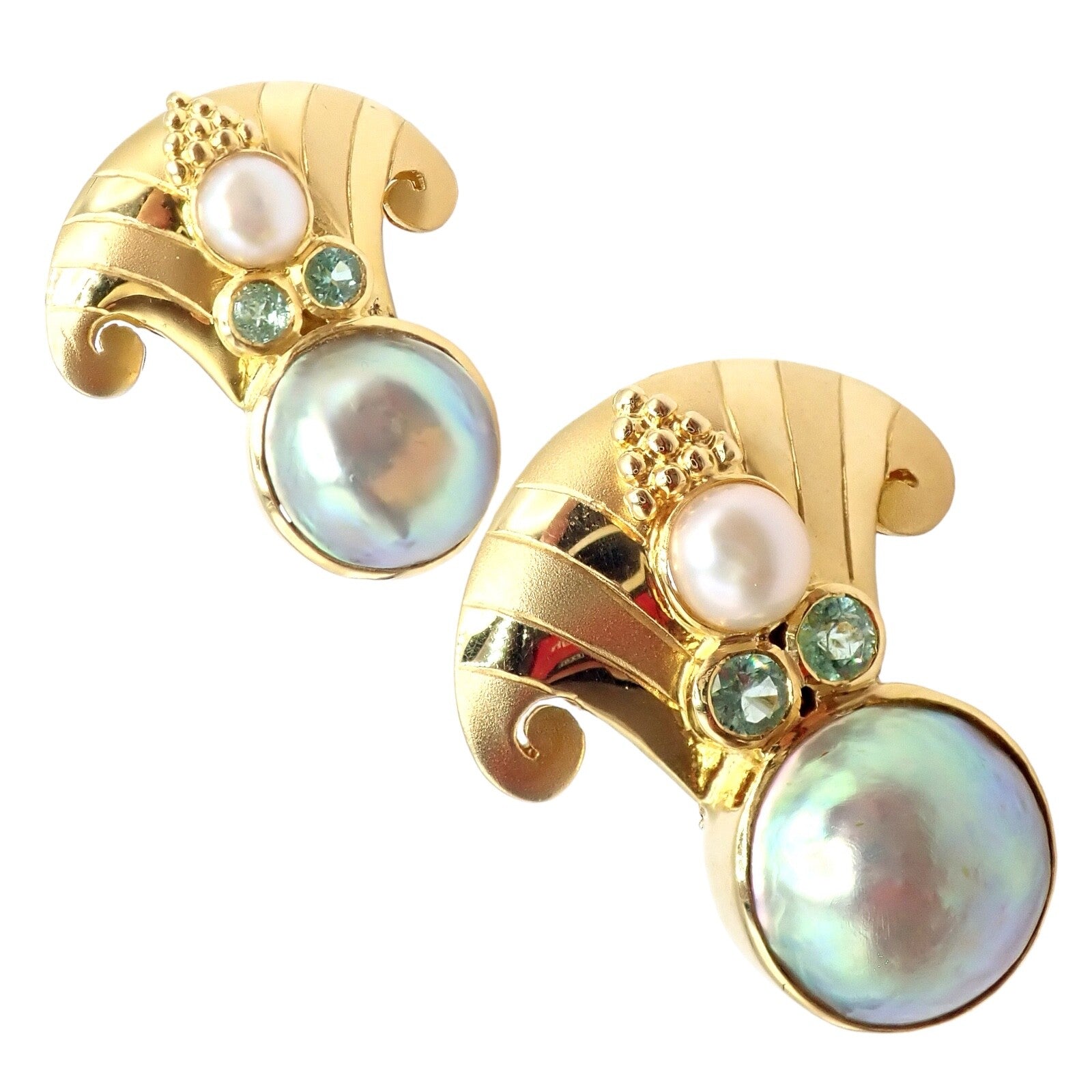 Rare! Vintage Paula Crevoshay 18k Gold Abalone Pearl Blue Gemstone Earrings OOAK | Fortrove